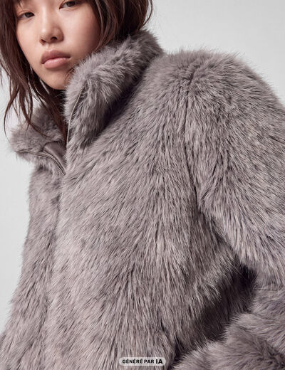 Manteau droit court fausse fourrure bleu gris