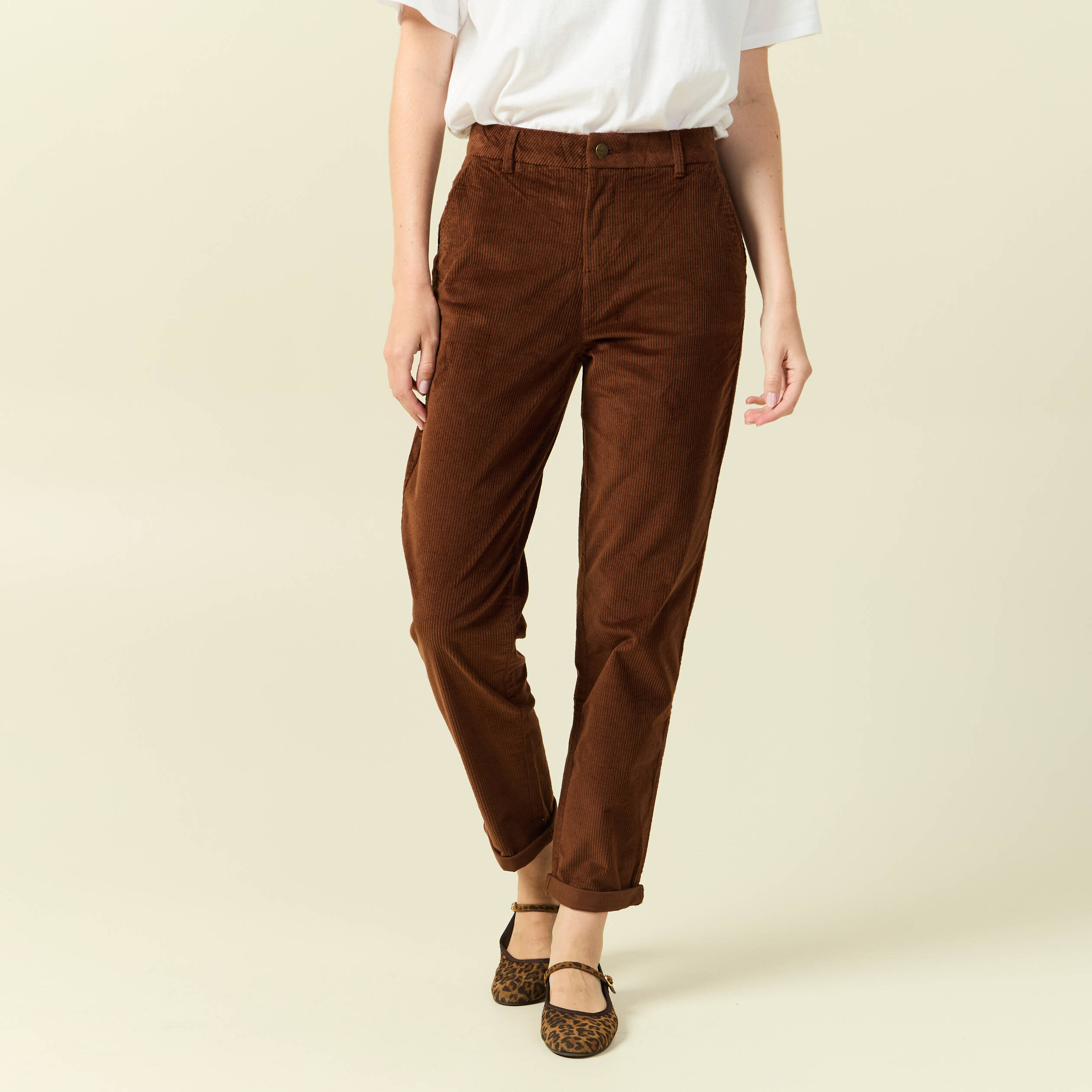 Pantalon large 7/8&egrave;me taille haute marron fonc&eacute; femme
