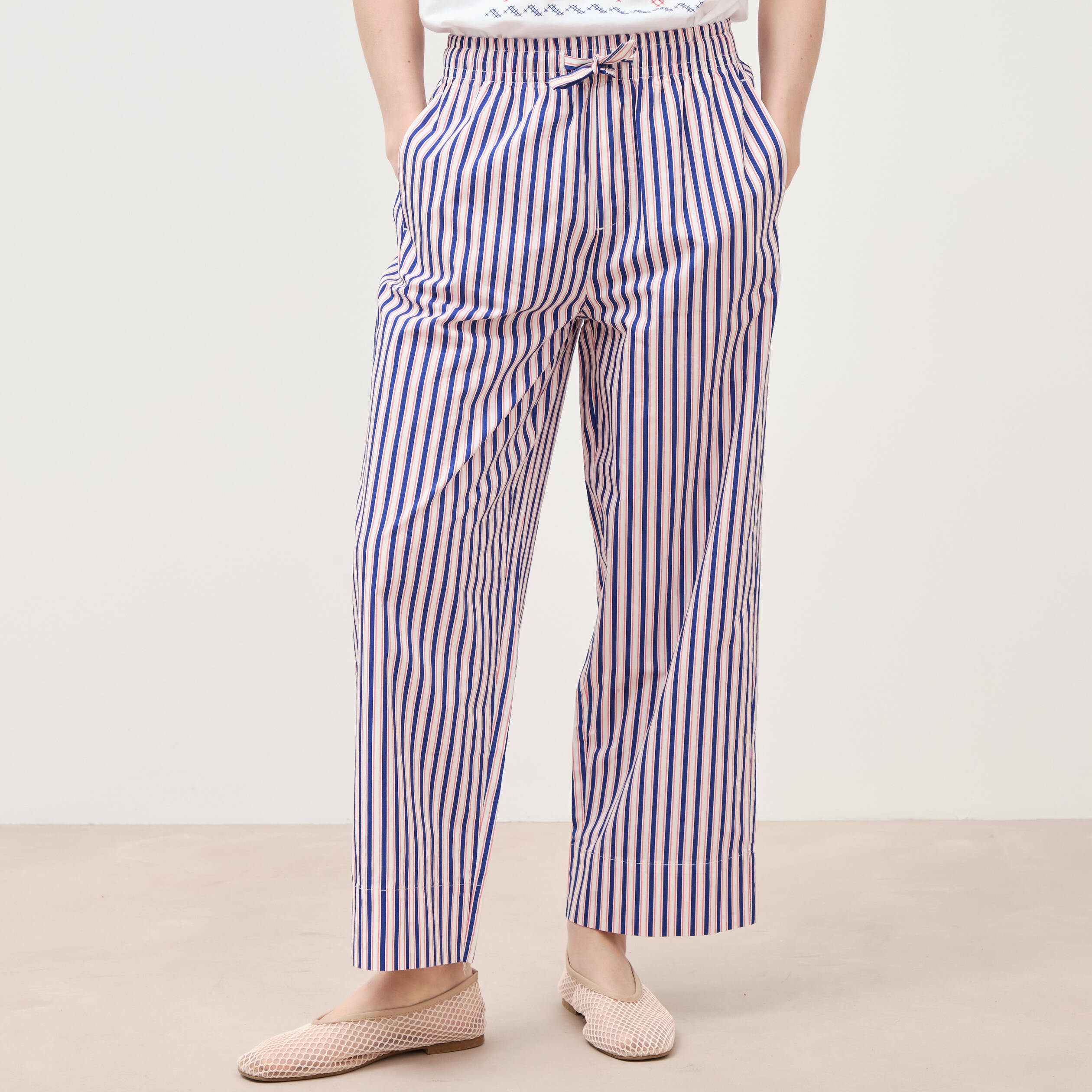 Pantalon large taille haute en coton blanc femme