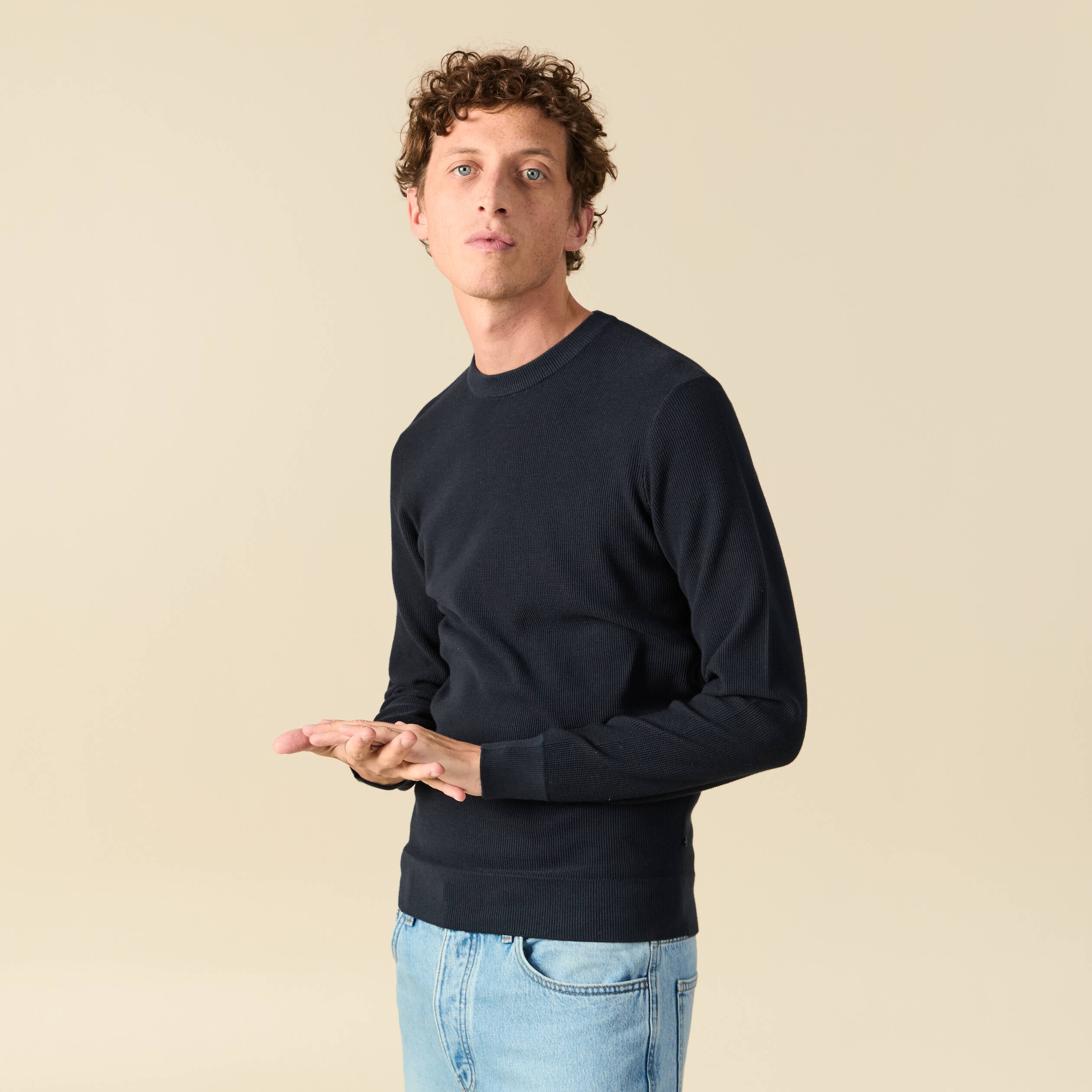 Pull fin col rond manches longues bleu marine homme