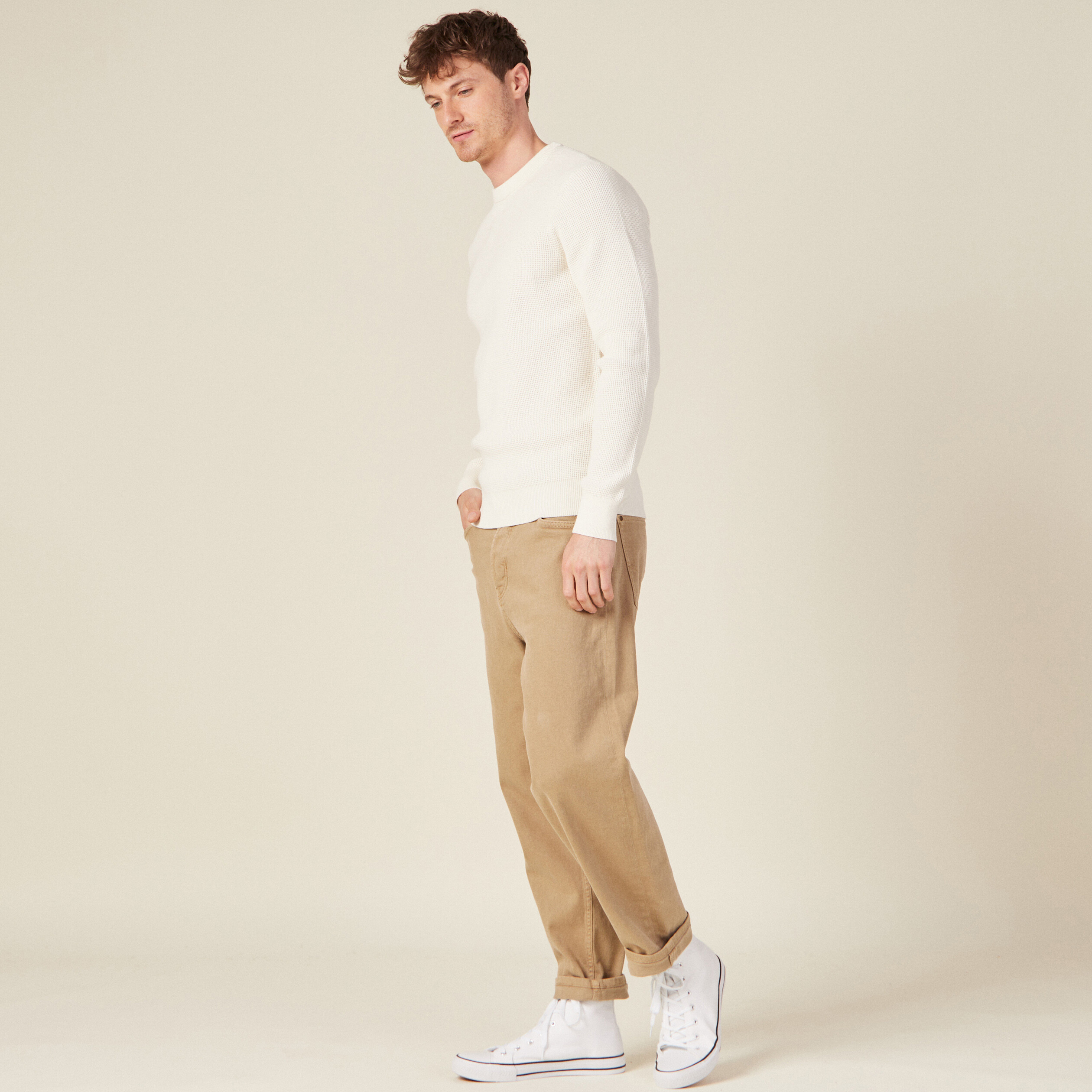 Pull manches longues col rond ecru homme
