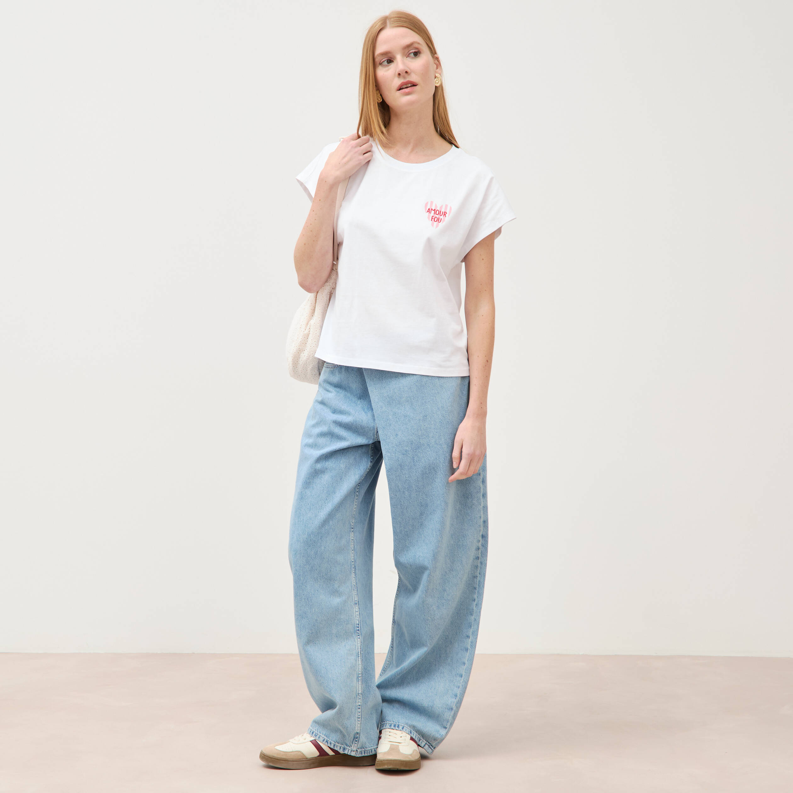 T-shirt droit col rond manches courtes blanc femme