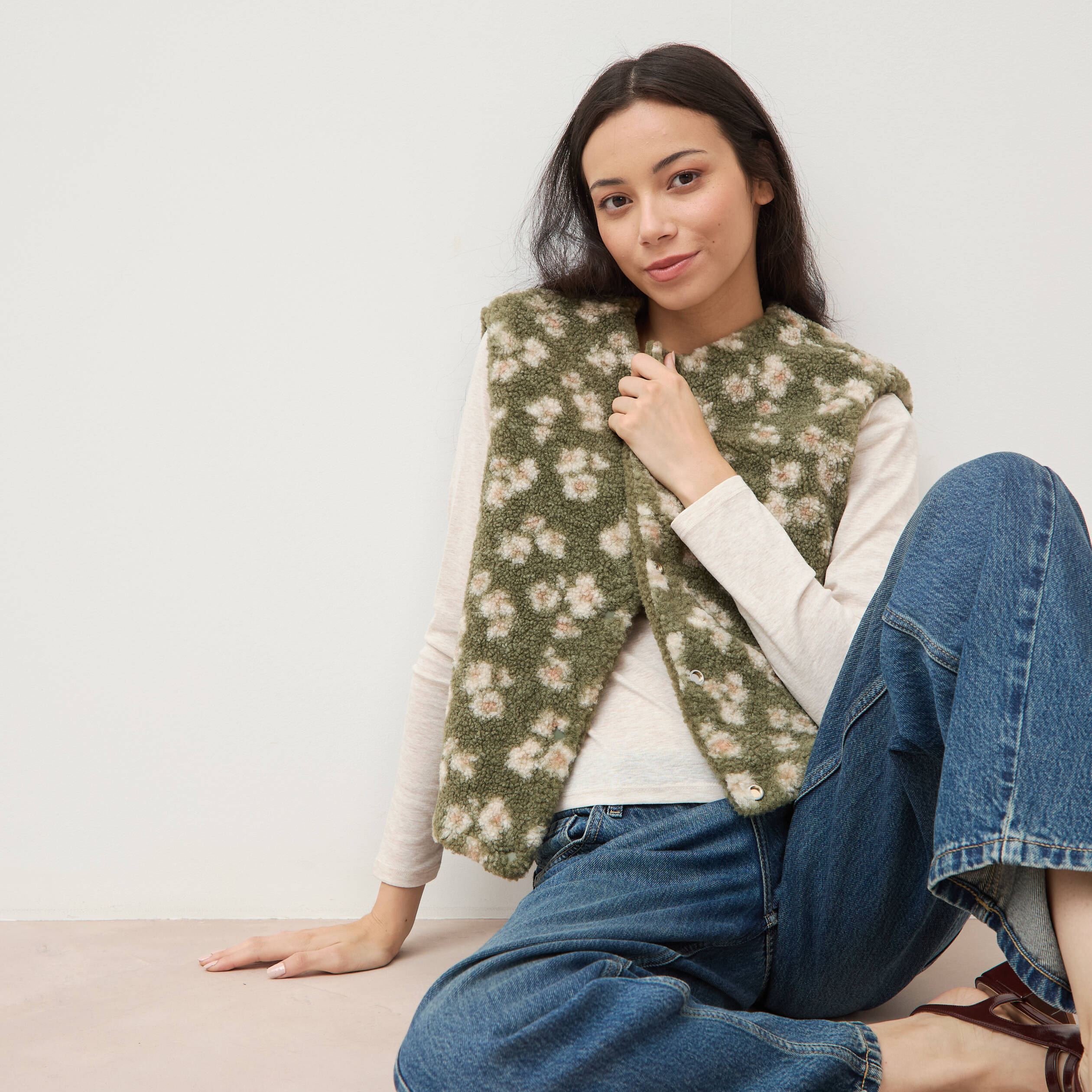 Gilet sans manches r&eacute;versible vert kaki femme
