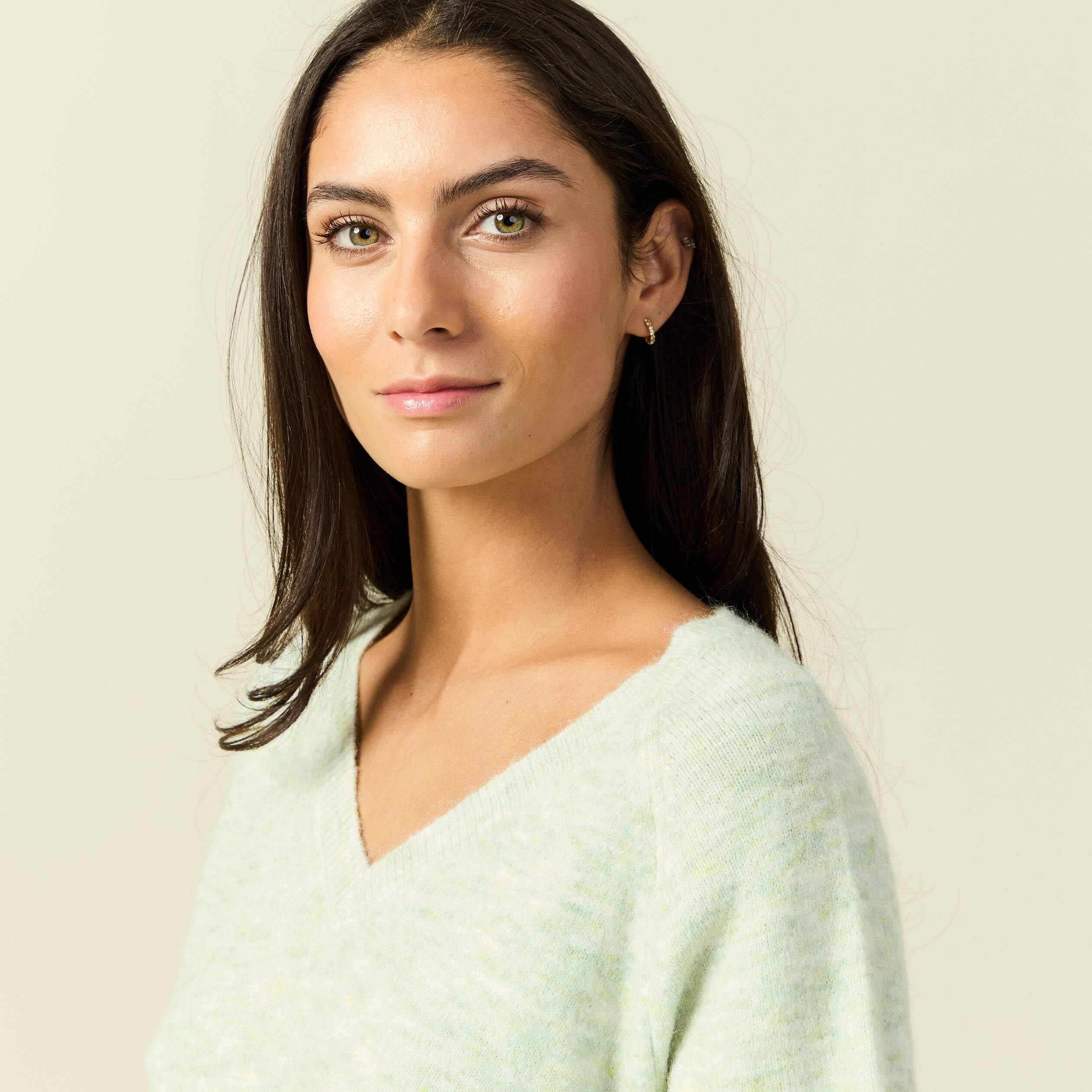 Pull col v manches 3/4 vert femme