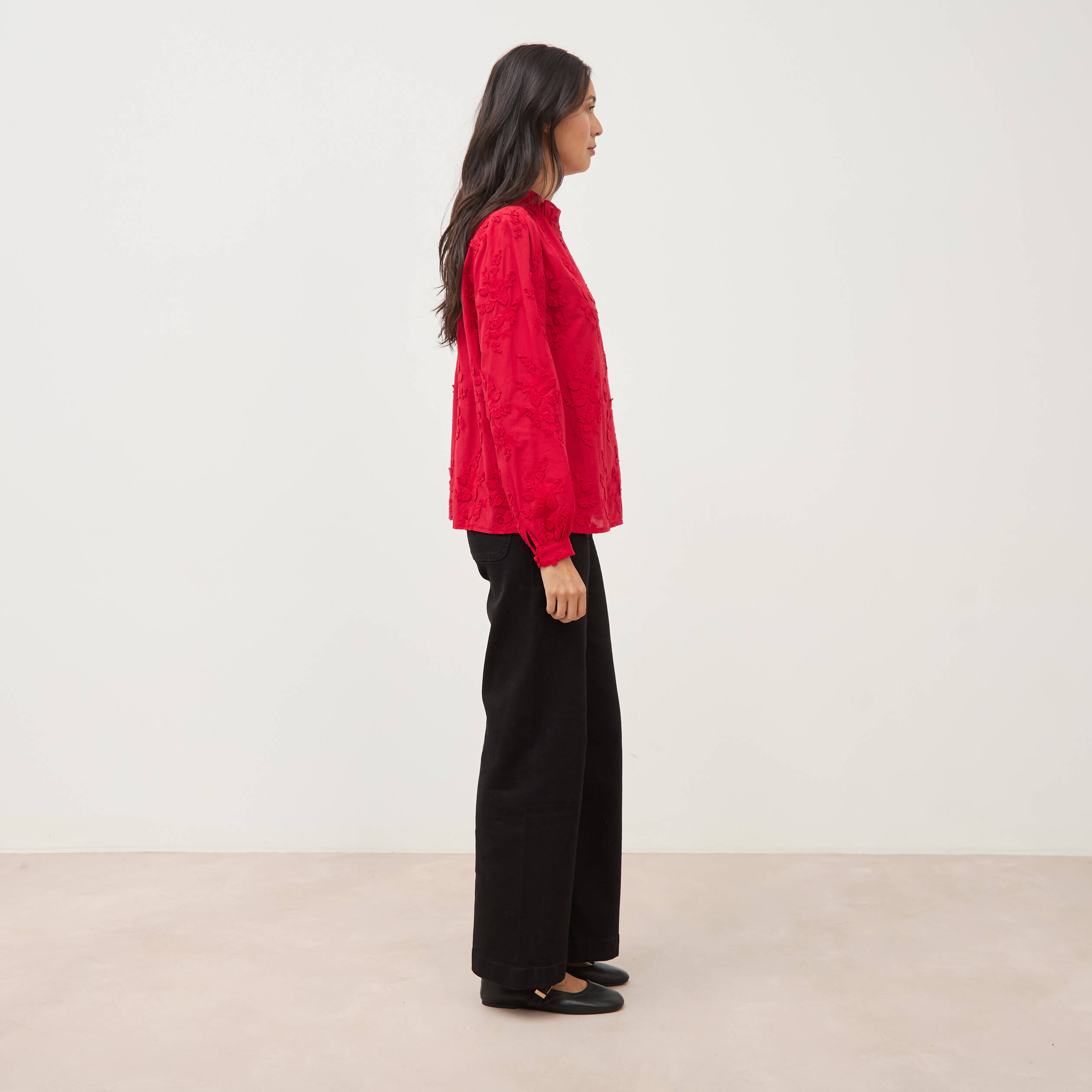 Chemise en coton manches longues rouge fonc&eacute; femme