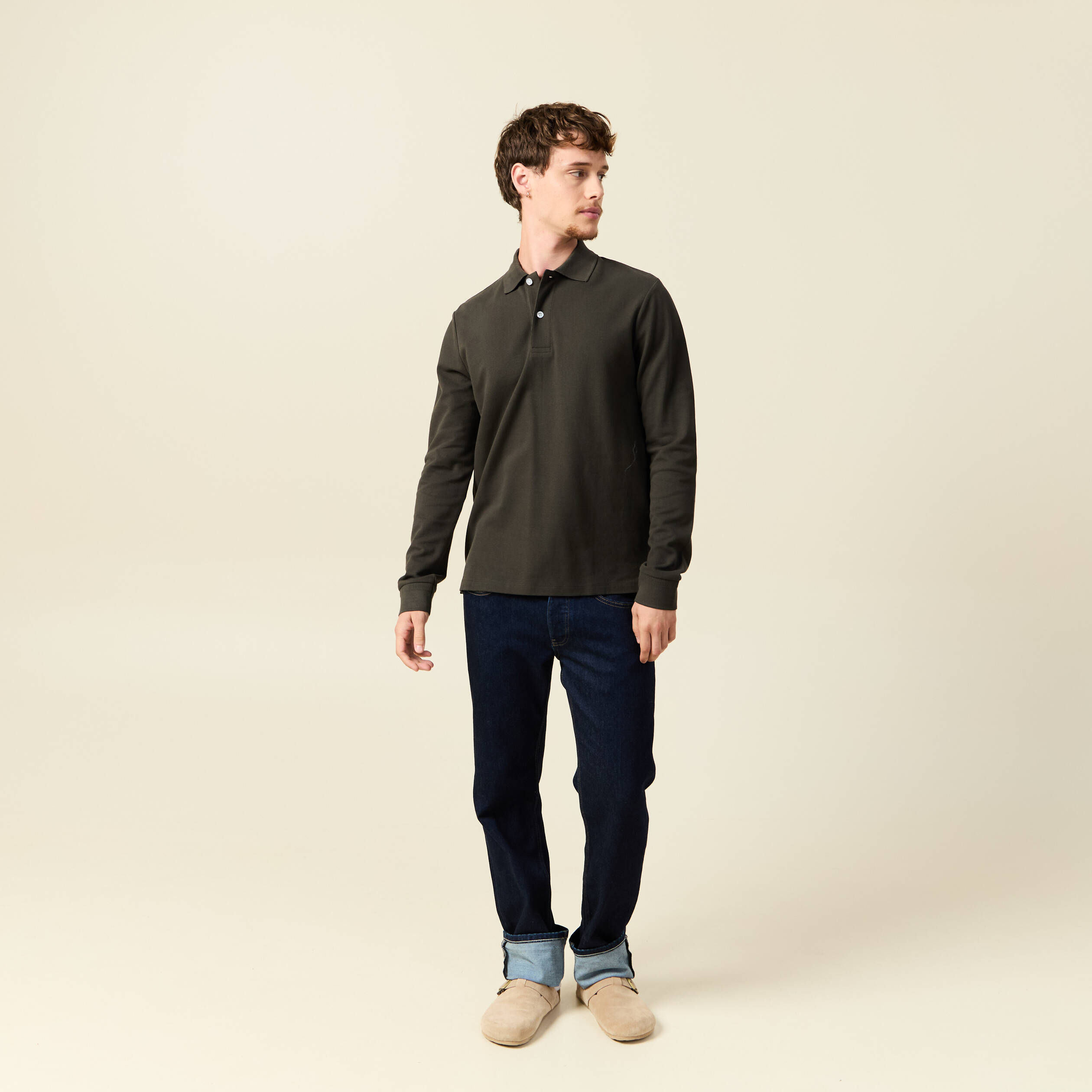 Polo manches longues en coton vert kaki homme