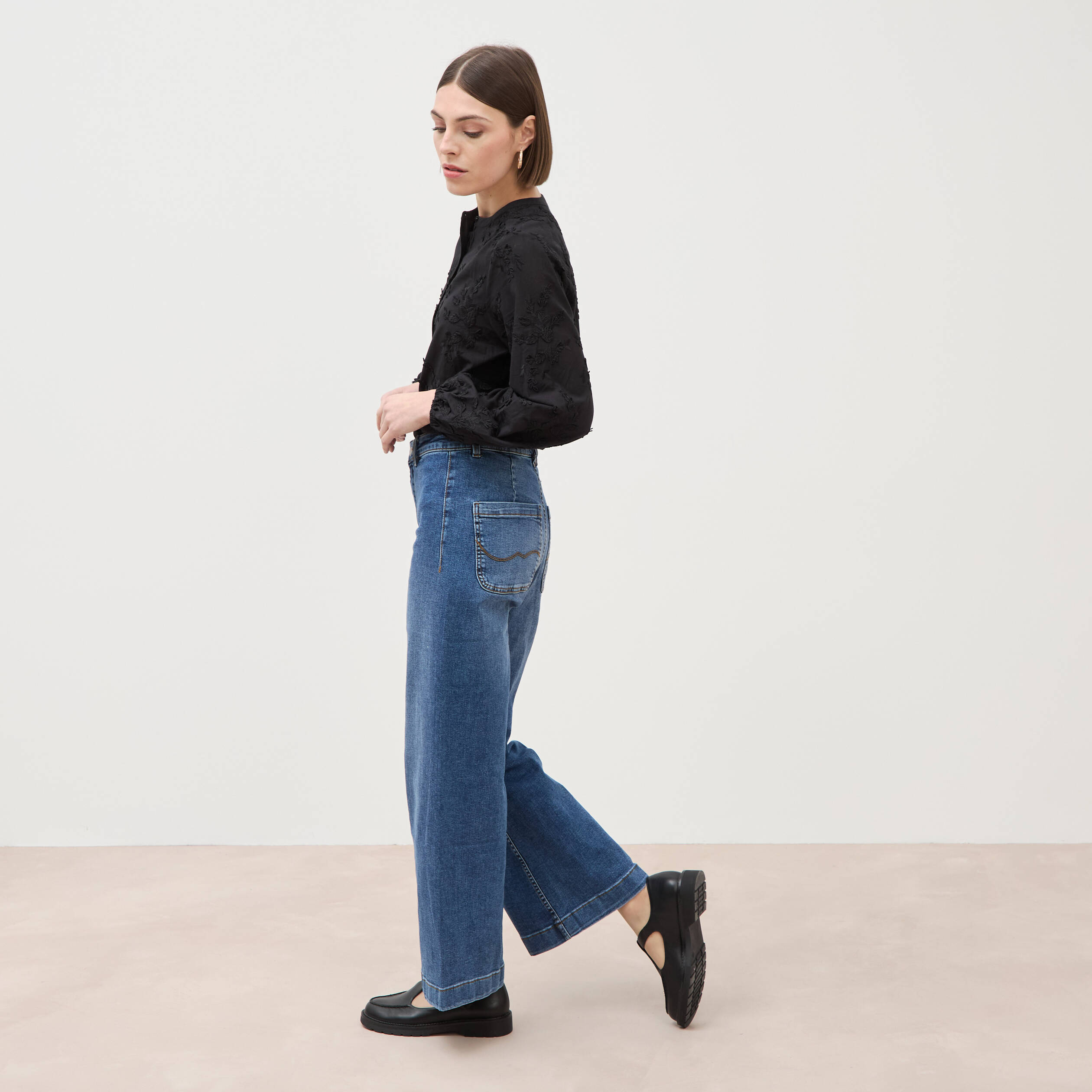 Jeans large taille haute denim stone femme