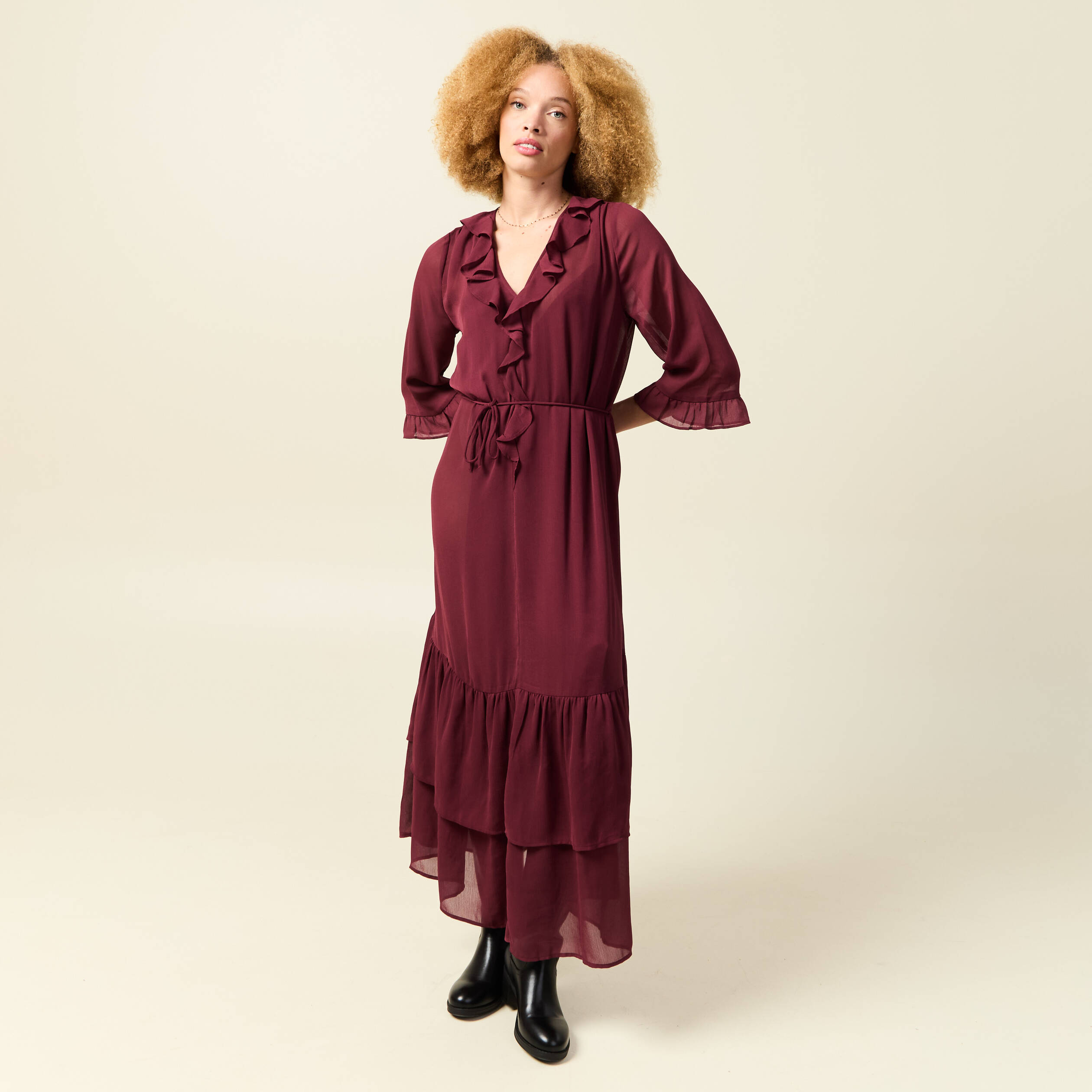Robe manches 3/4 doubl&eacute;e bordeaux femme