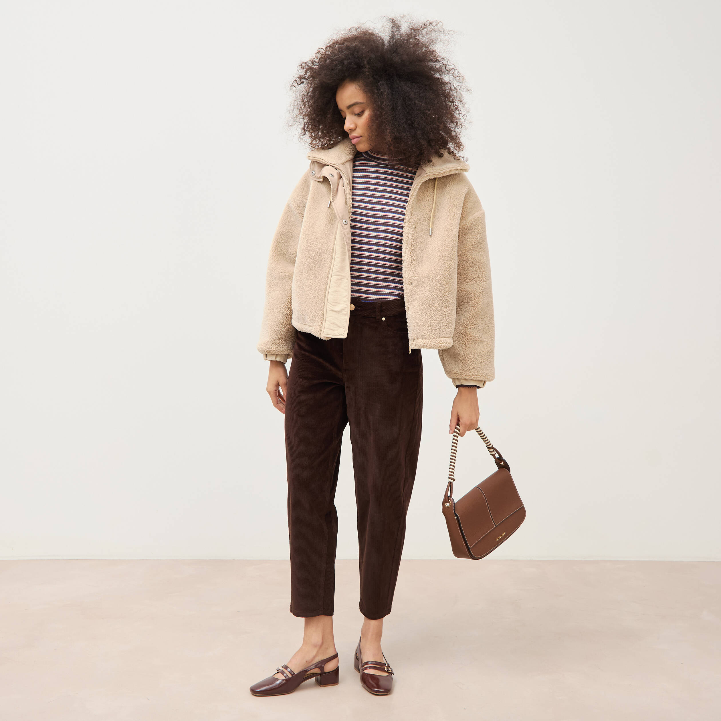 Veste oversize effet polaire col montant creme femme