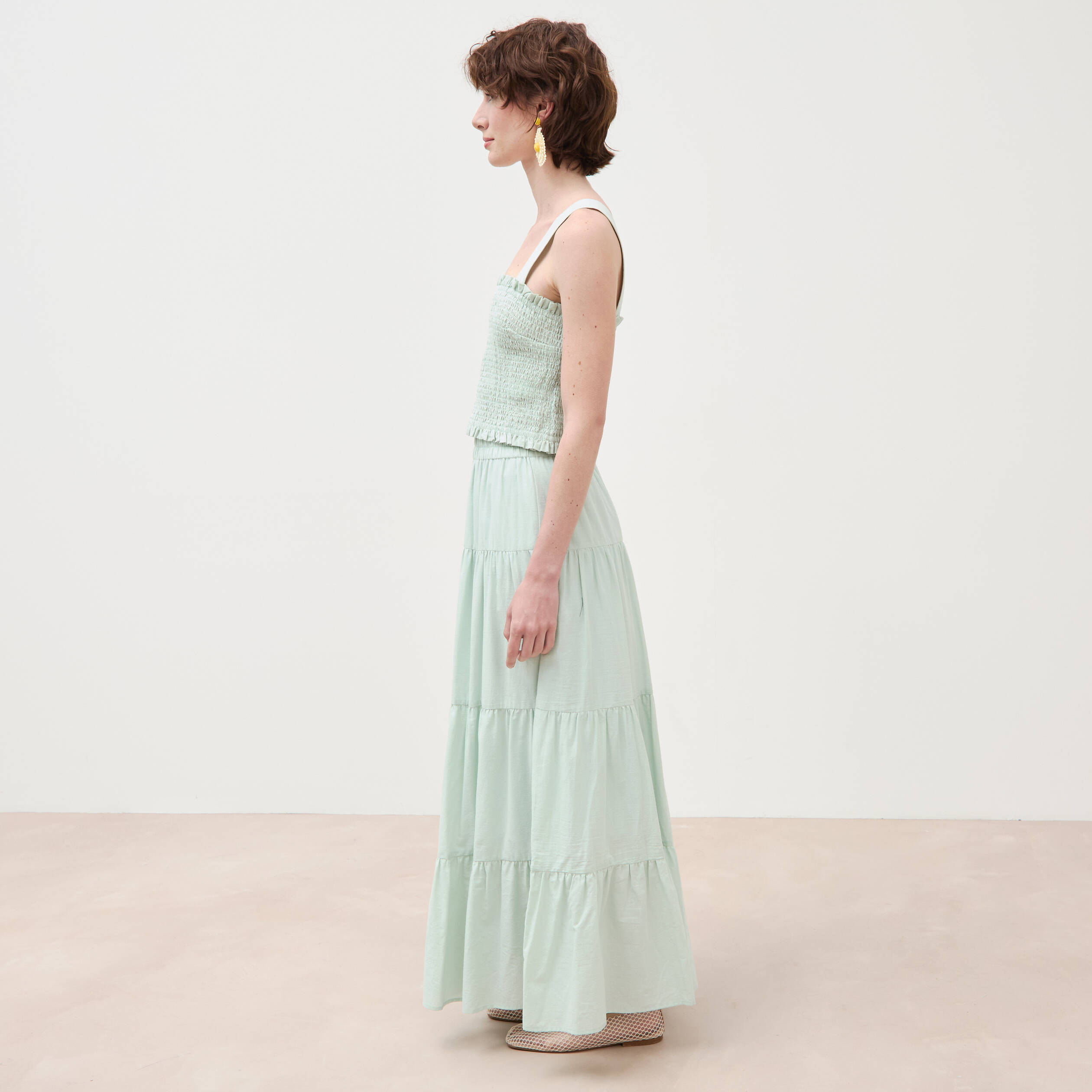 Top cintr&eacute; court &agrave; bretelles col carr&eacute; vert pastel femme