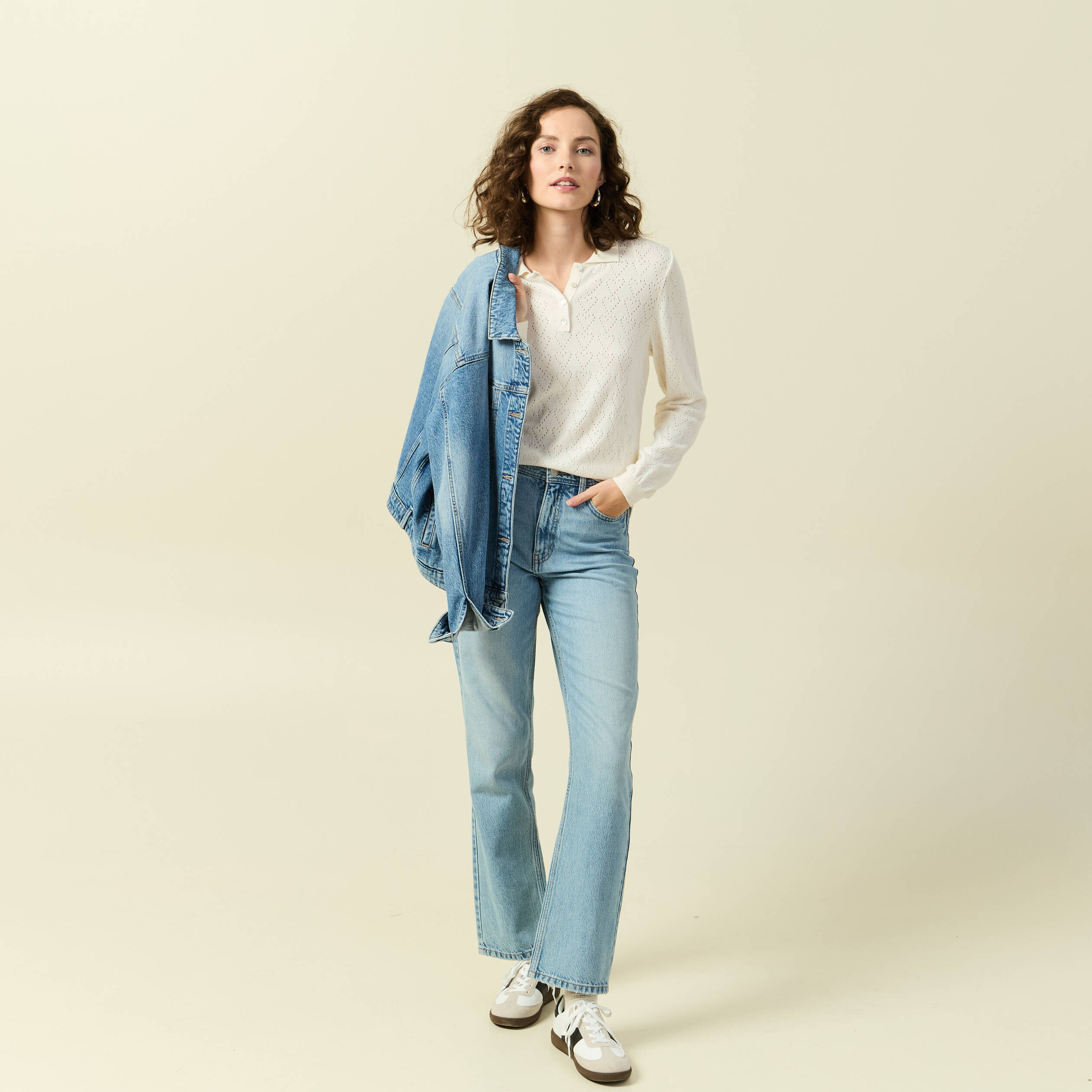 Pull ajour&eacute; manches longues en coton ecru femme