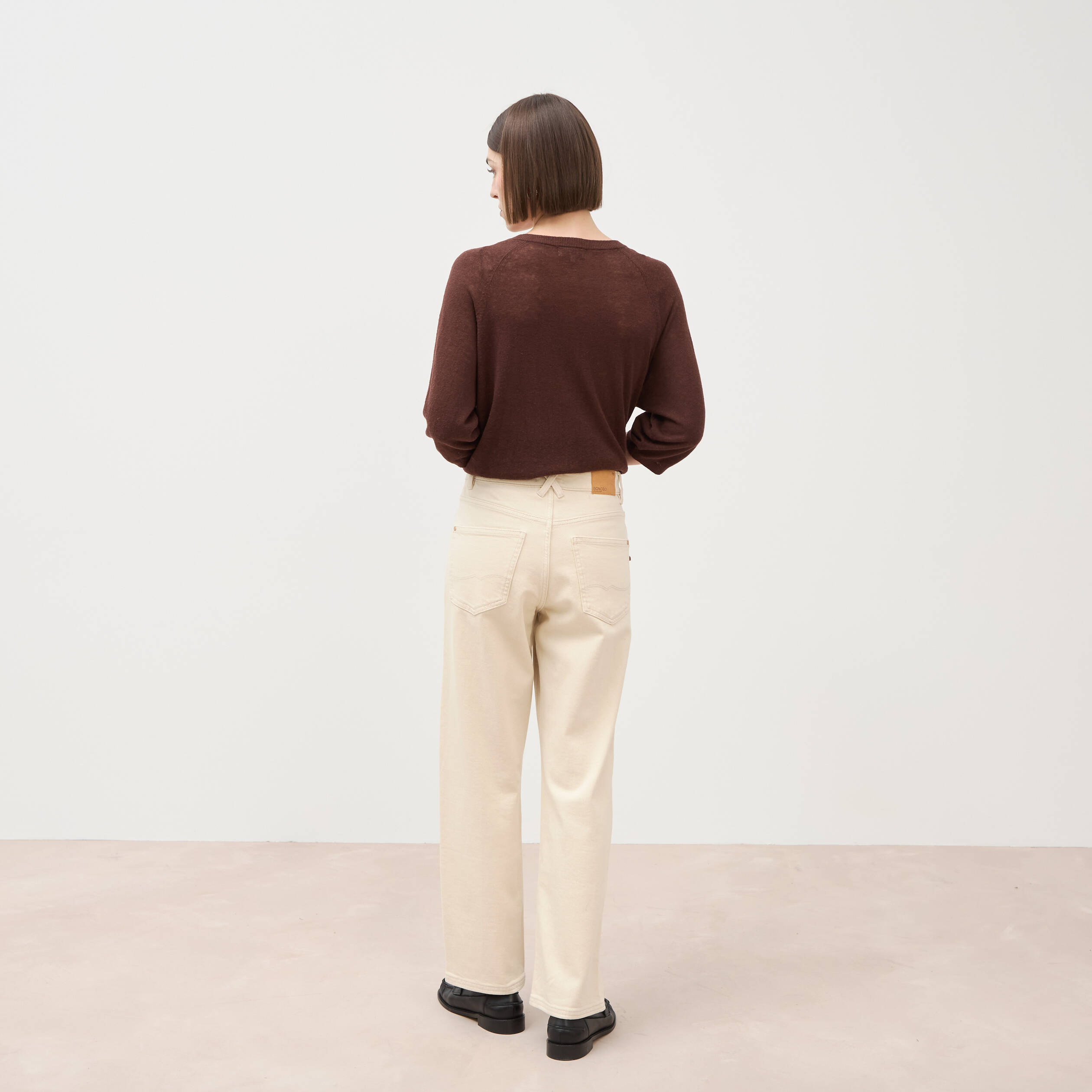 Jeans straight 7/8&egrave;me taille haute ecru femme