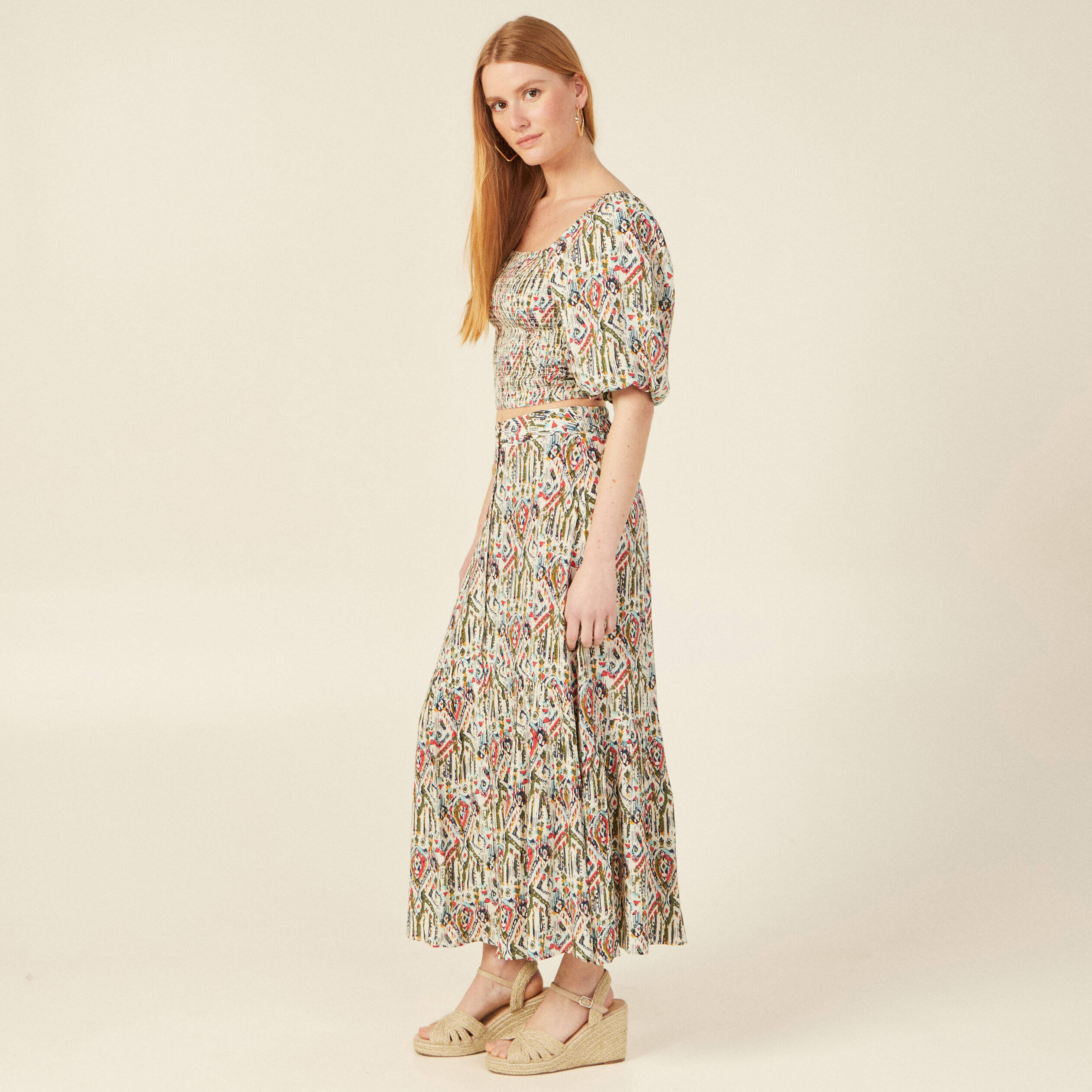 blouse manches courtes smockee multicolore femme Blouse manches courtes smockée multicolore femme