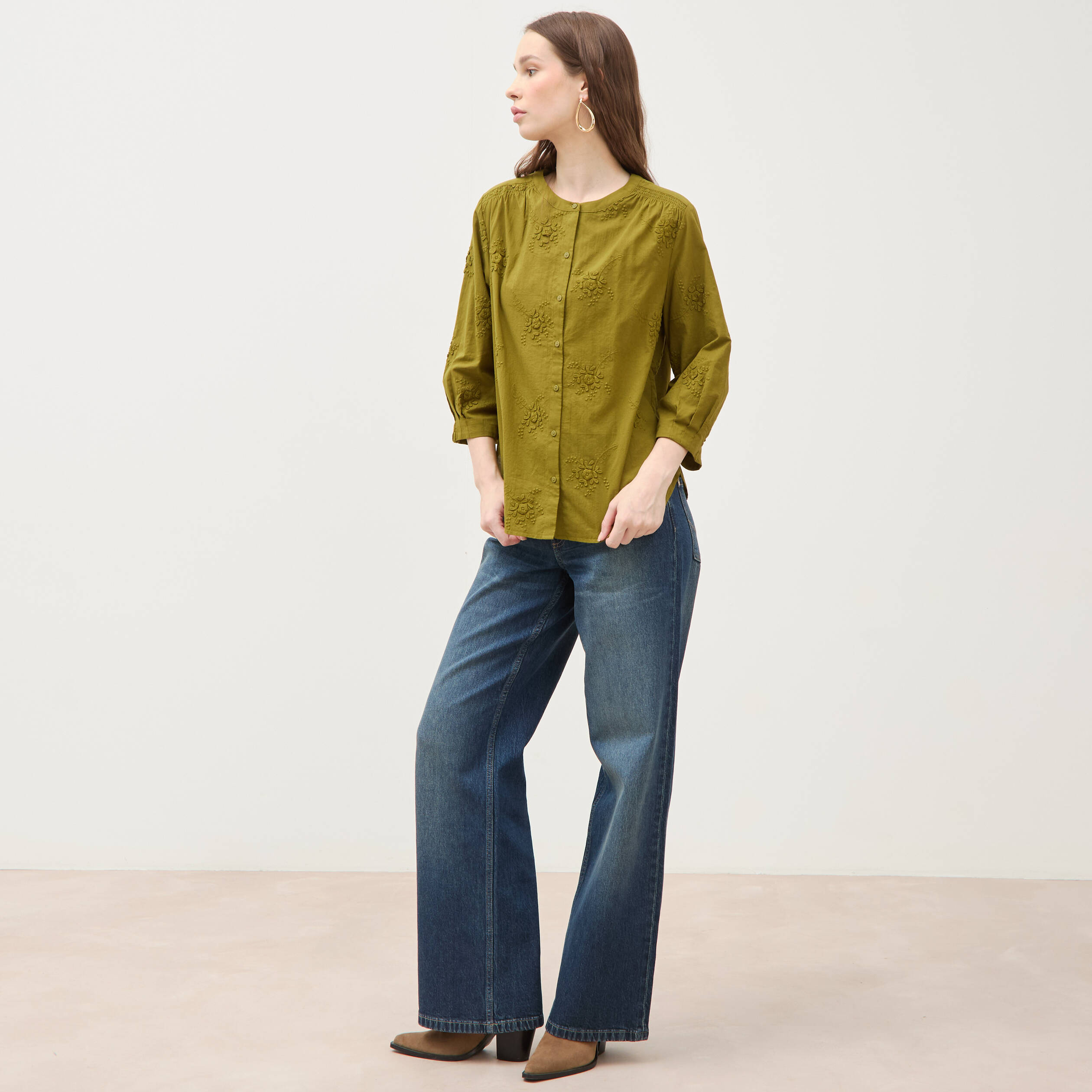 Chemise en coton manches 3/4 vert kaki femme