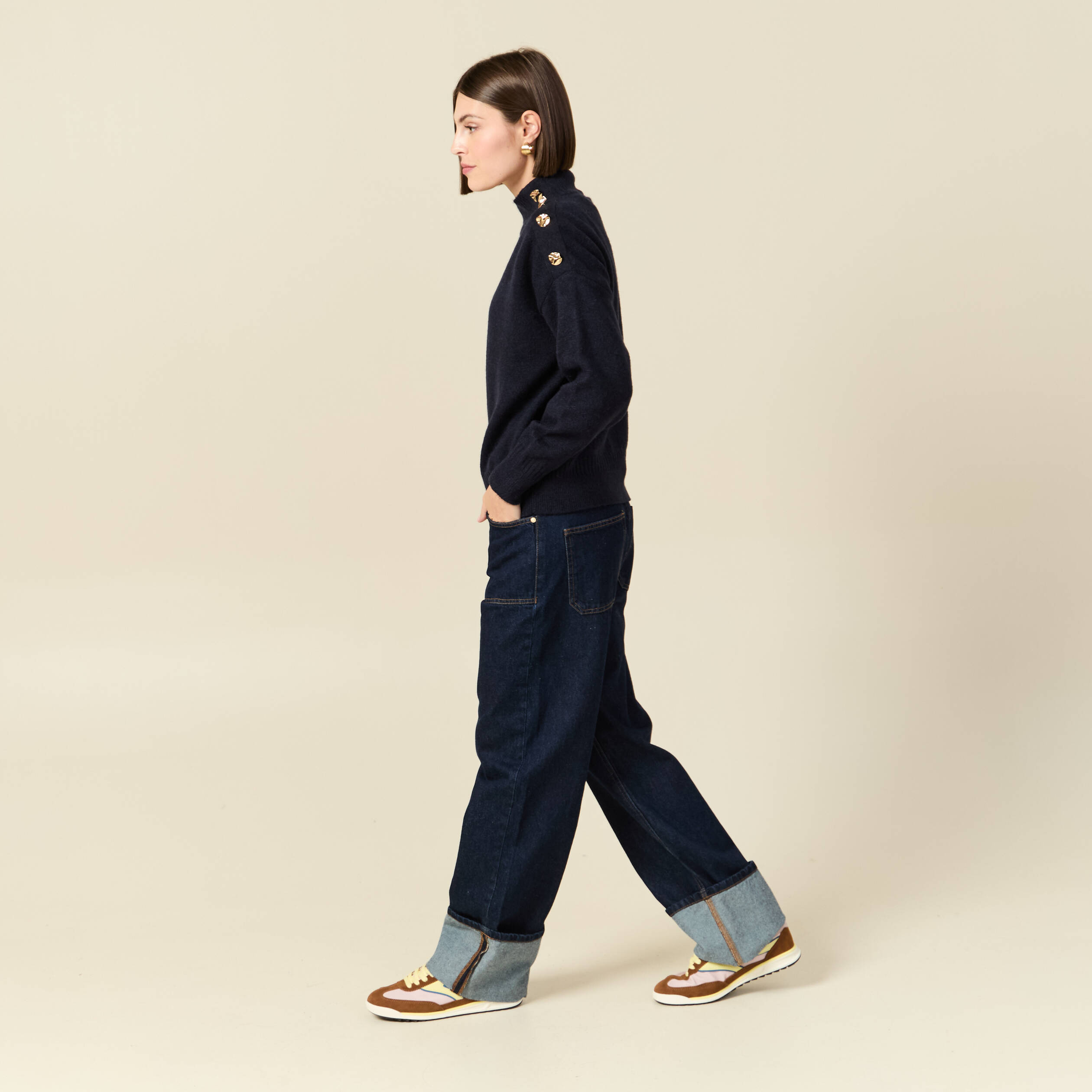 Pull col montant manches longues bleu marine femme