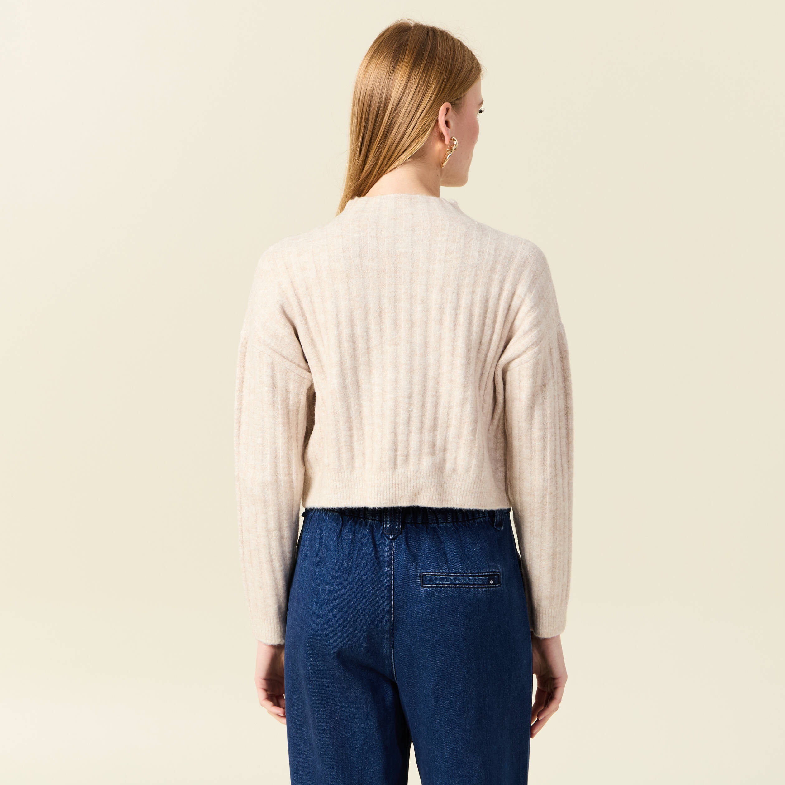 Pull manches longues cropped creme femme