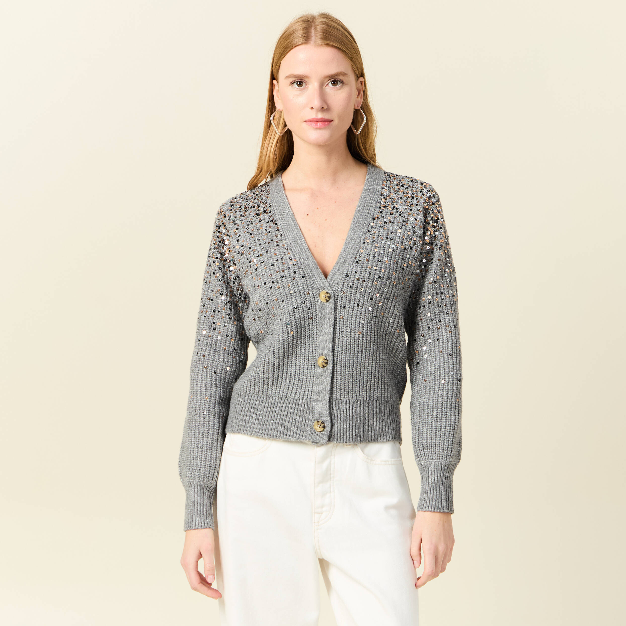 gilet boutonne a sequins gris femme Gilet boutonné à sequins gris femme