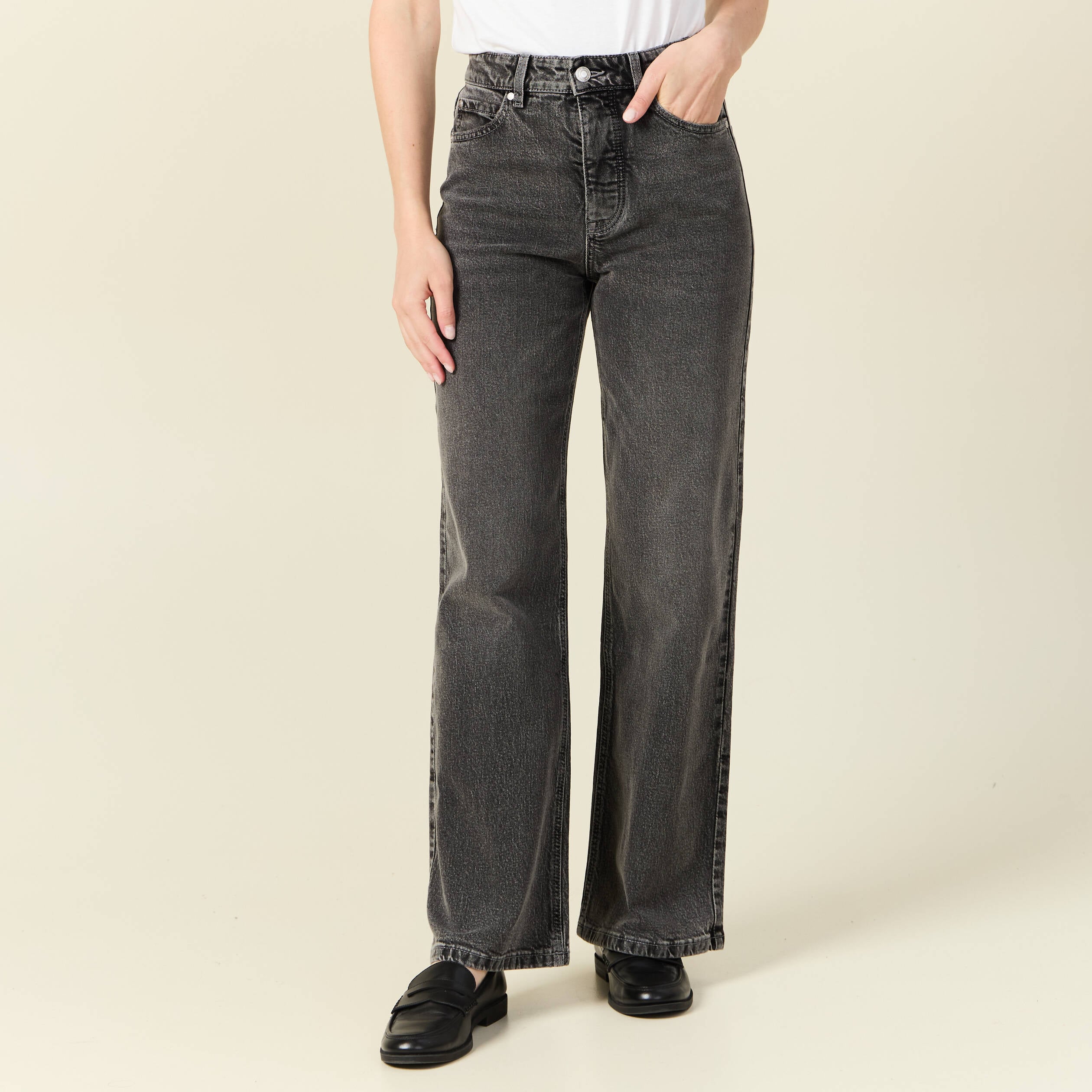 Jeans large taille haute denim snow gris femme