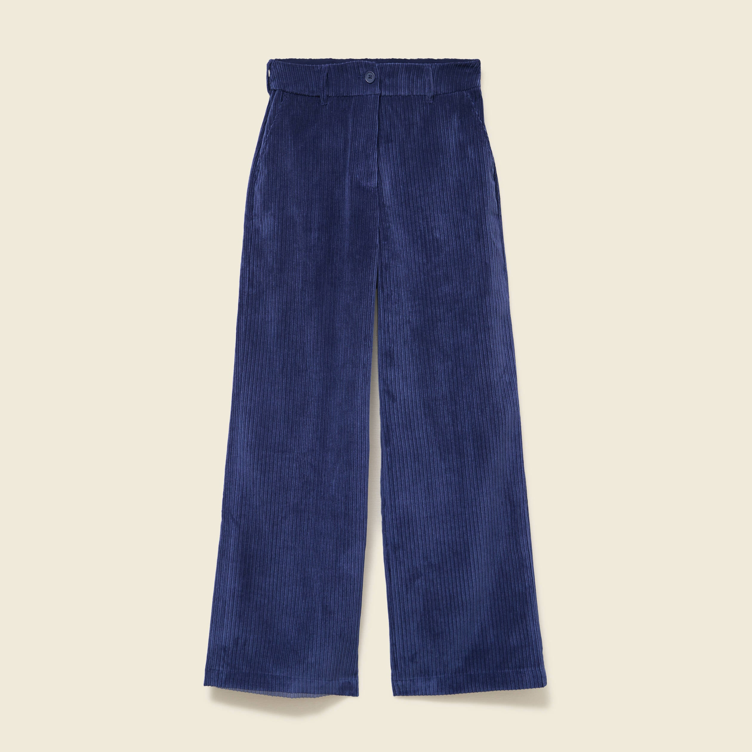 Pantalon large taille haute en velours bleu marine femme