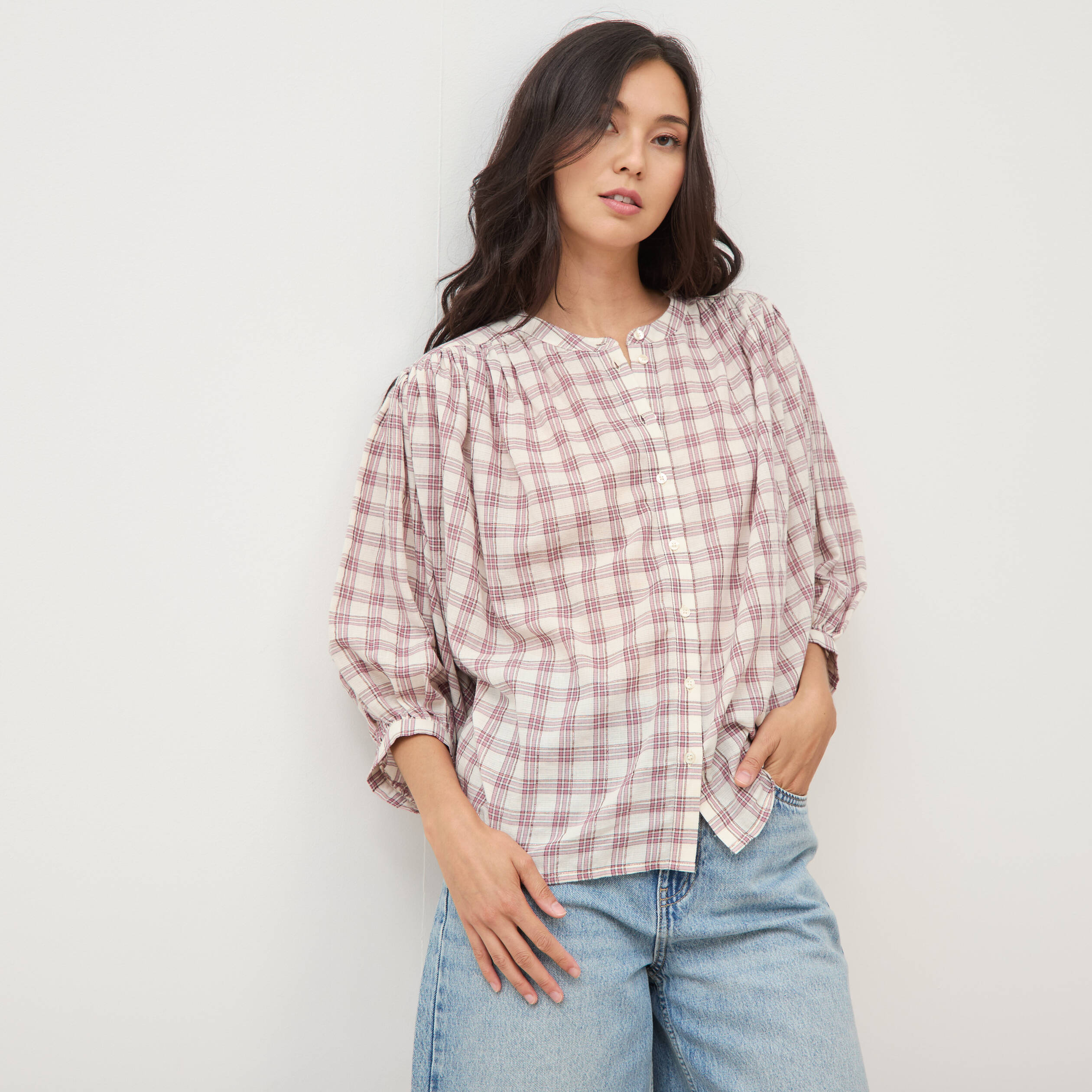 Chemise oversize &agrave; carreaux marron cognac femme