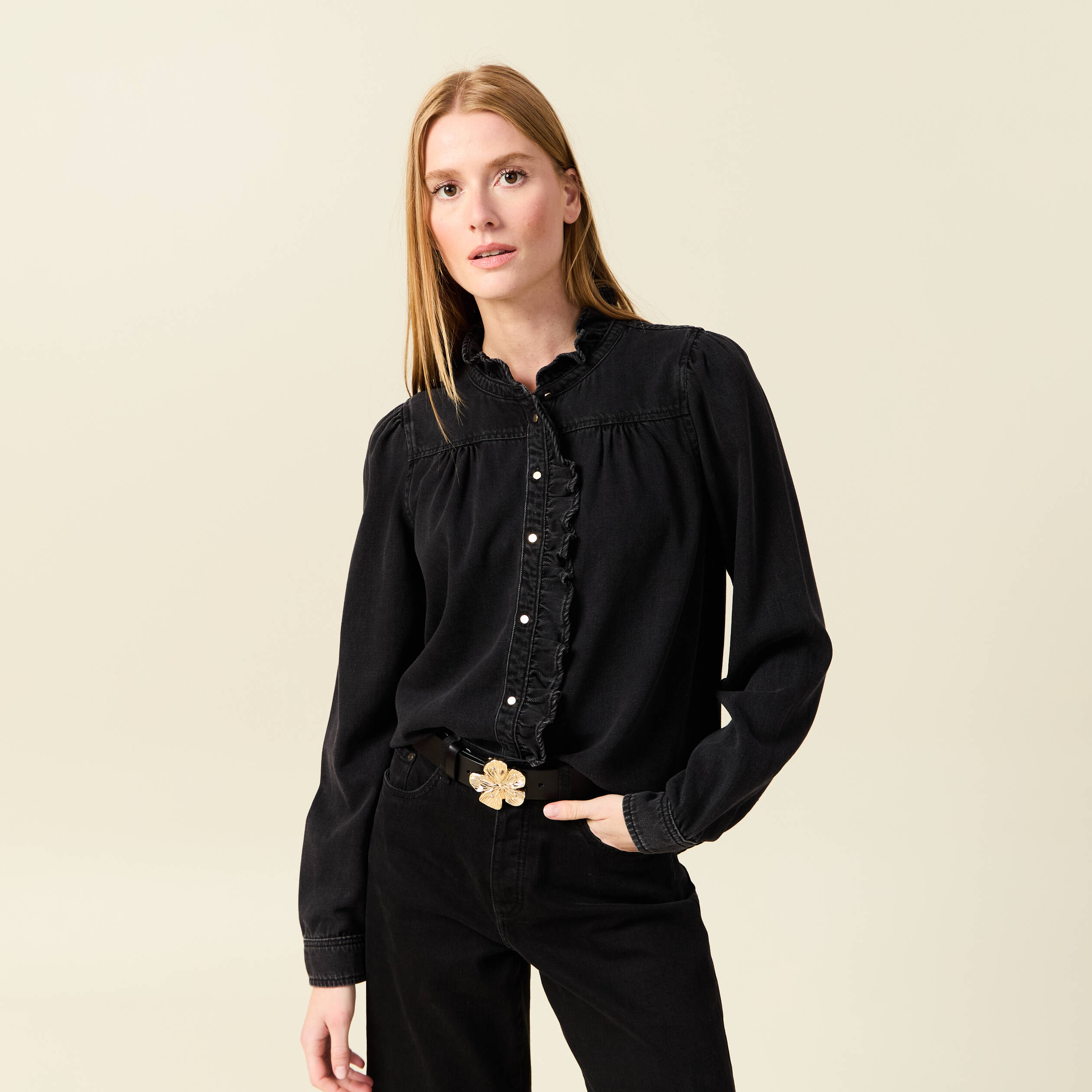 Chemise en jeans manches longues denim noir femme Vibs