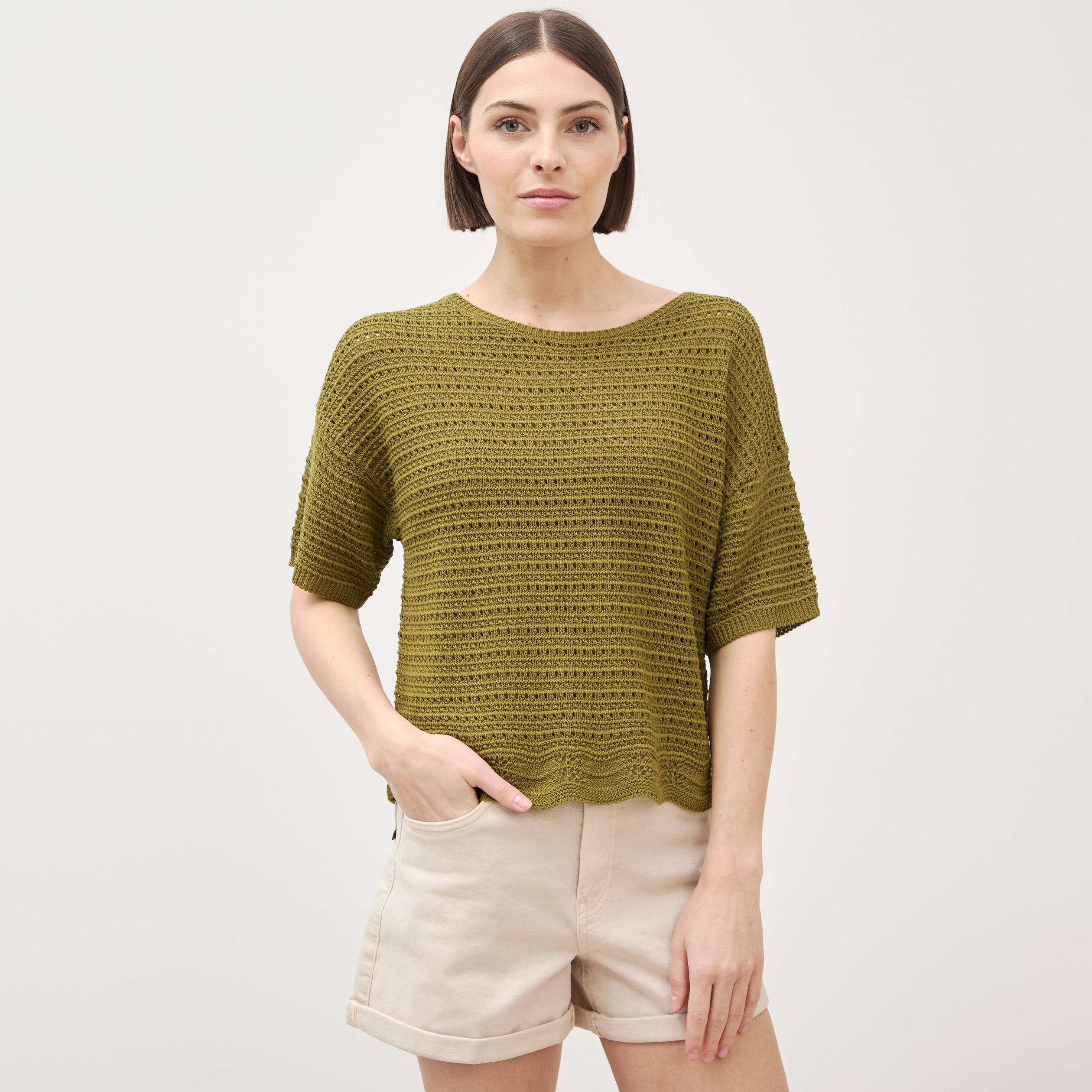 Pull col rond manches courtes vert kaki femme