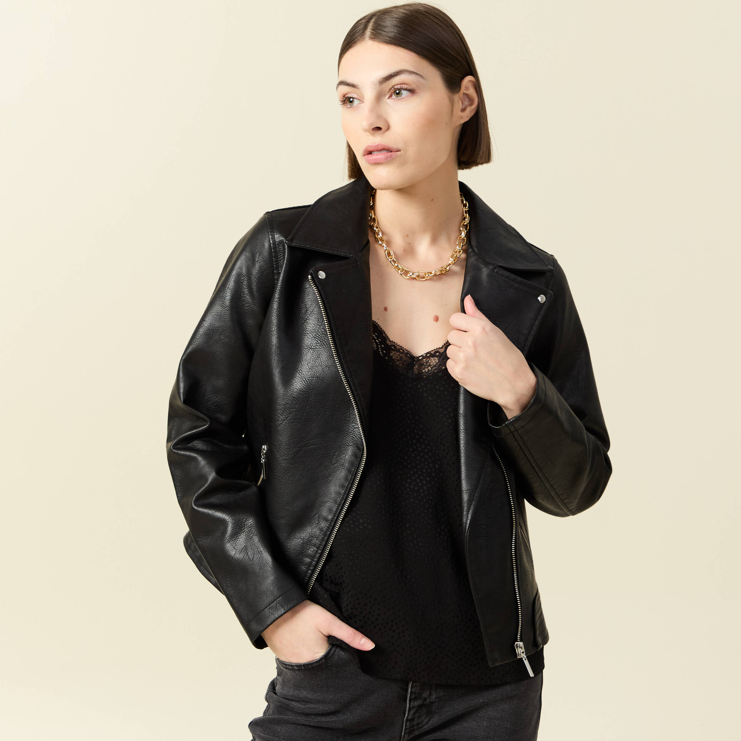 Blouson biker simili cuir noir femme
