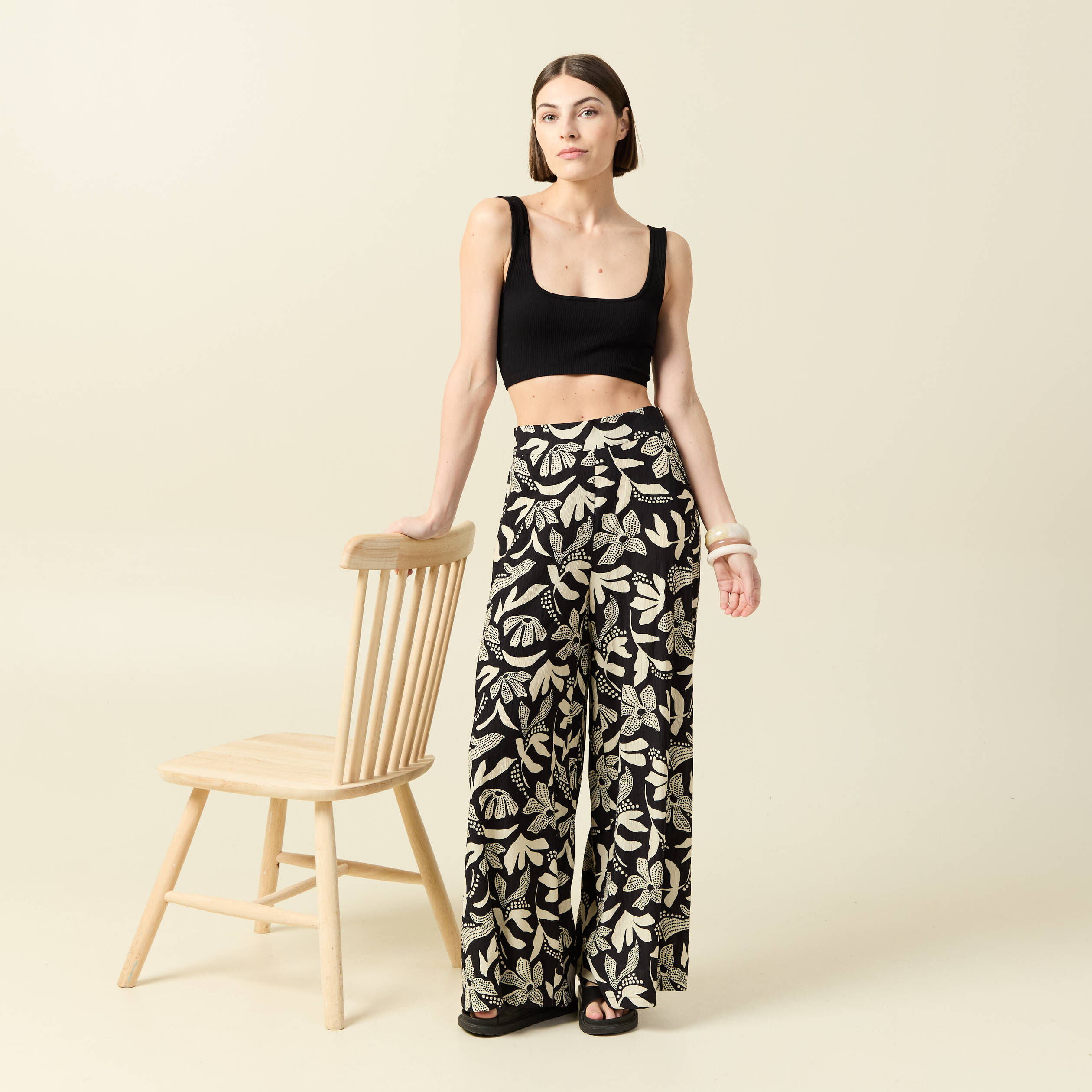 Pantalon large taille haute noir femme