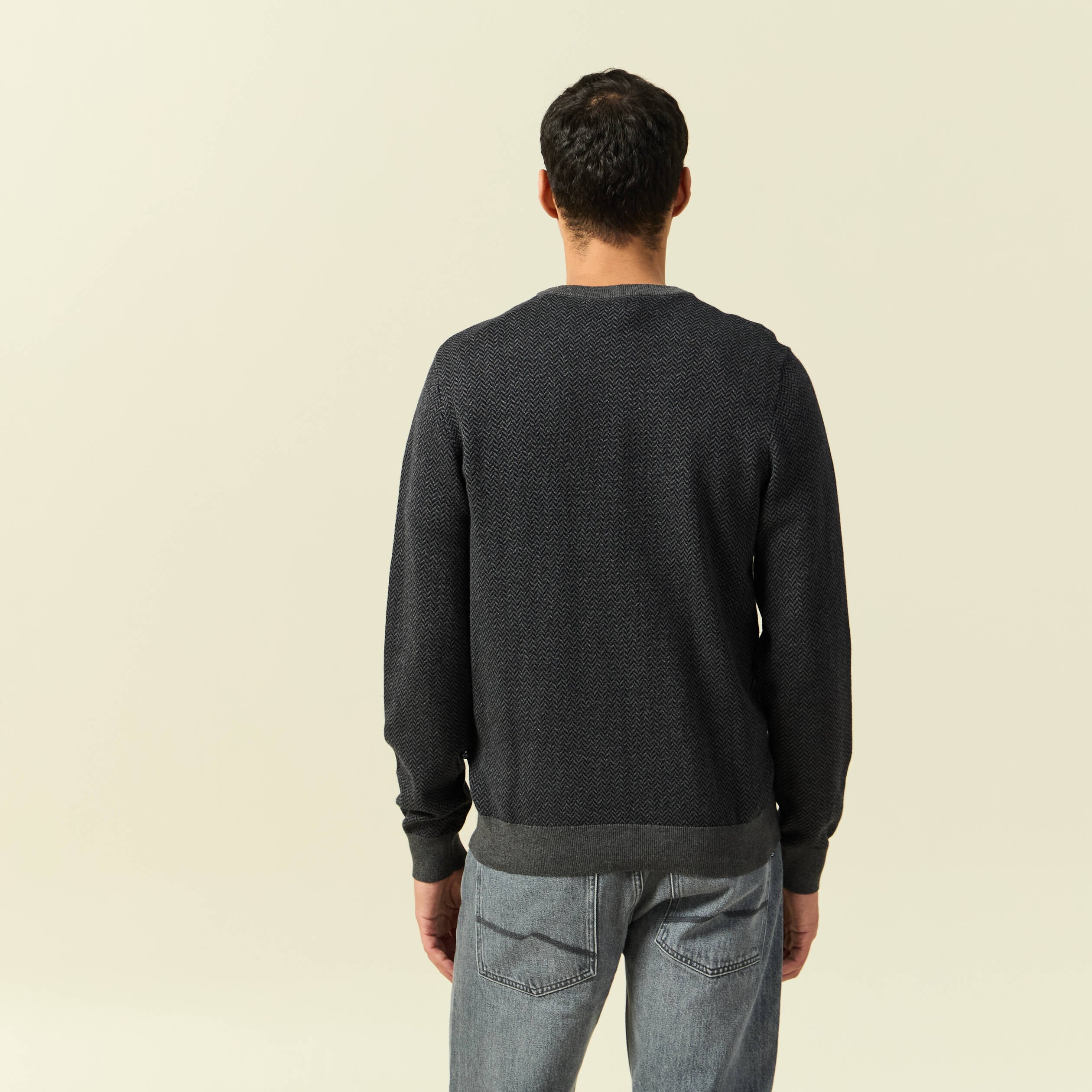 Pull col rond manches longues en coton bleu marine homme