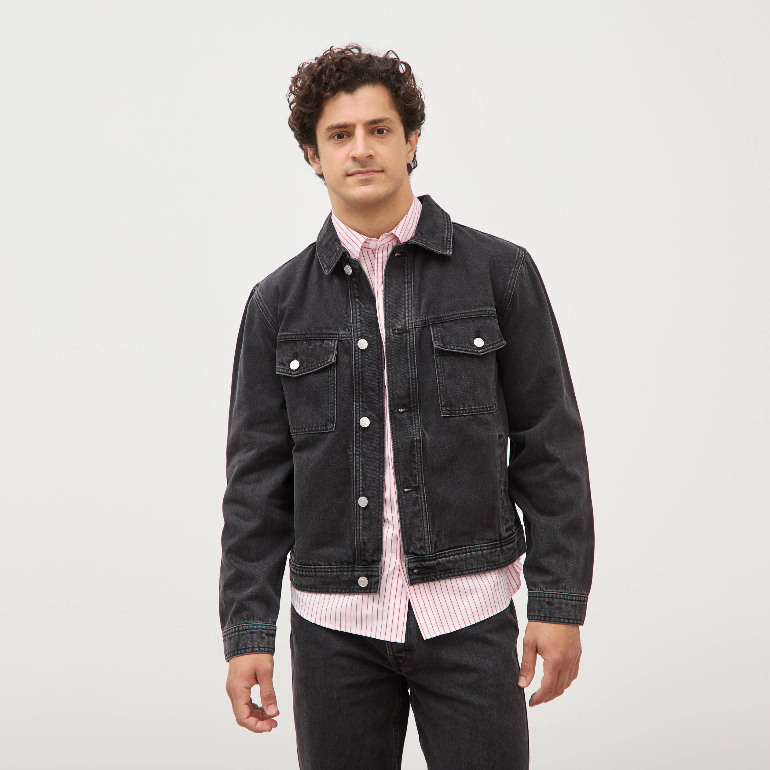 Veste droite en coton col classique denim noir homme