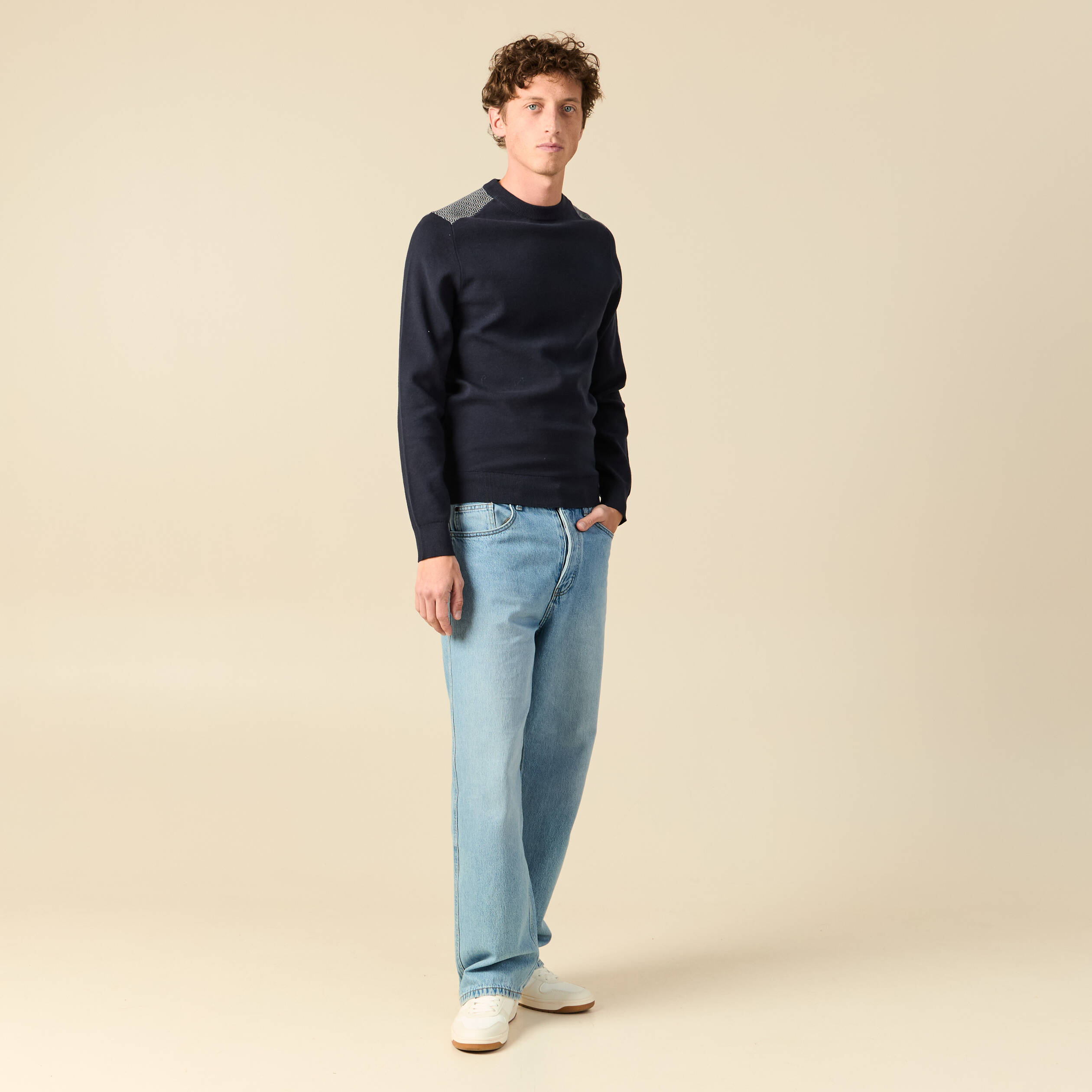 Pull fin col rond manches longues bleu marine homme