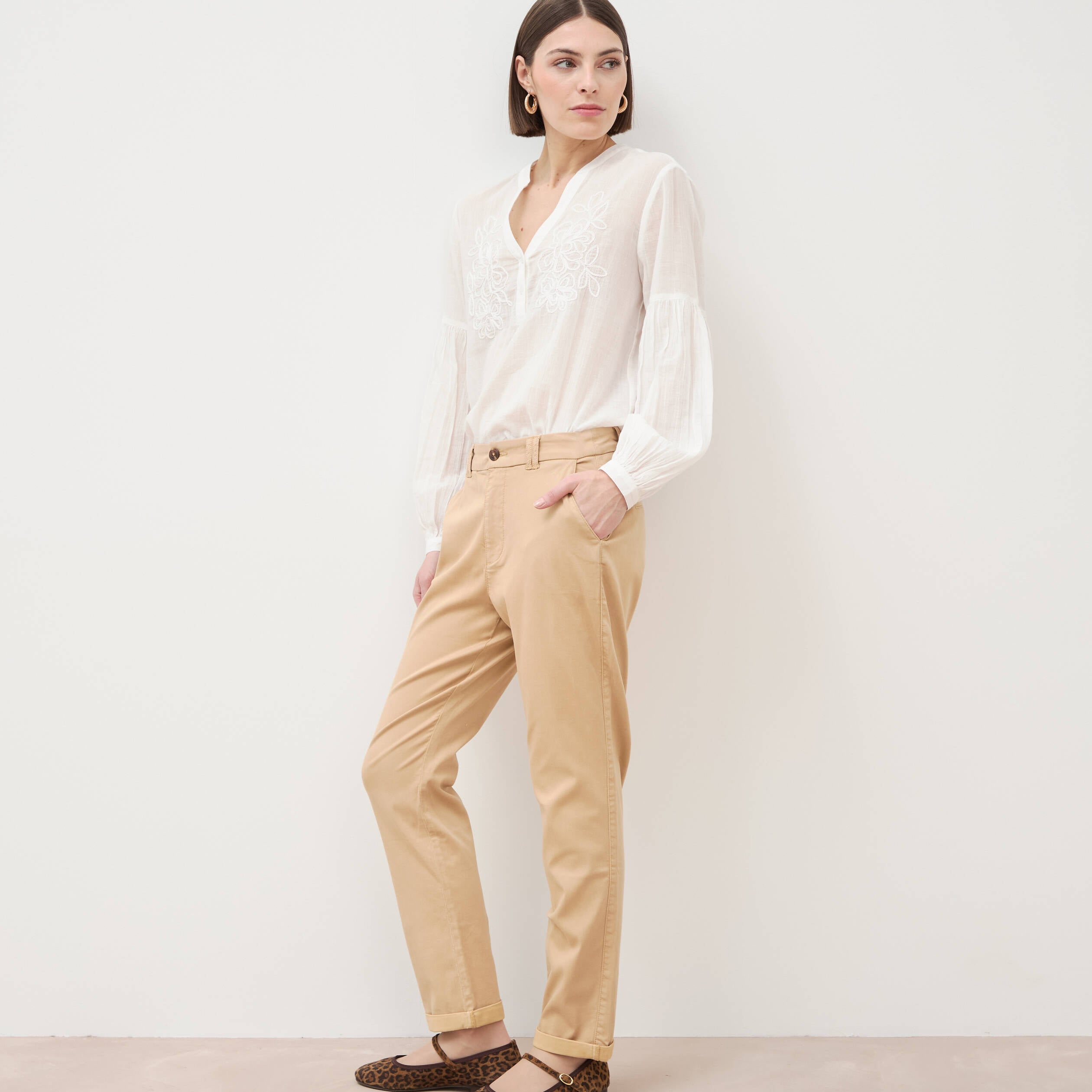 Chino cigarette 7/8&egrave;me taille haute marron clair femme
