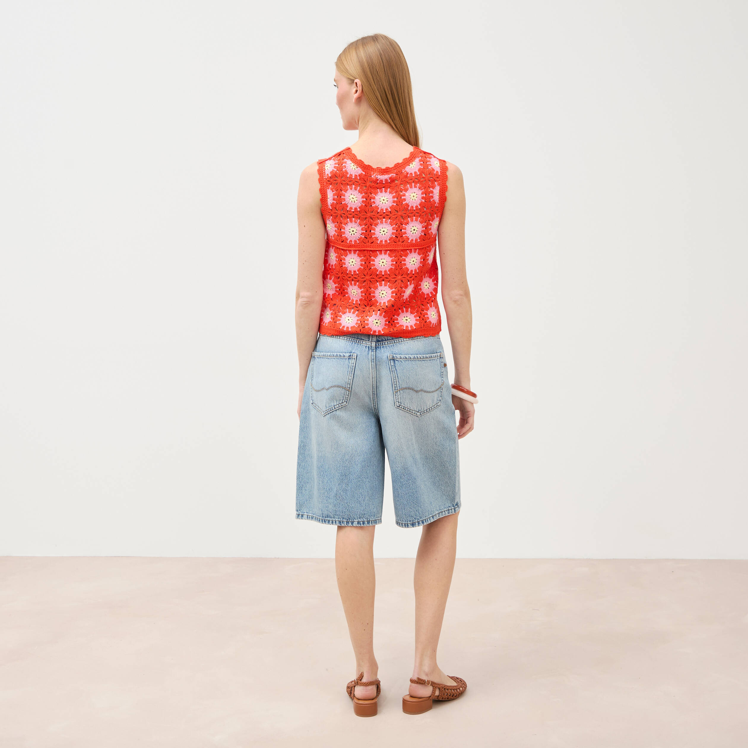 D&eacute;bardeur crochet col rond sans manches orange fonc&eacute; femme