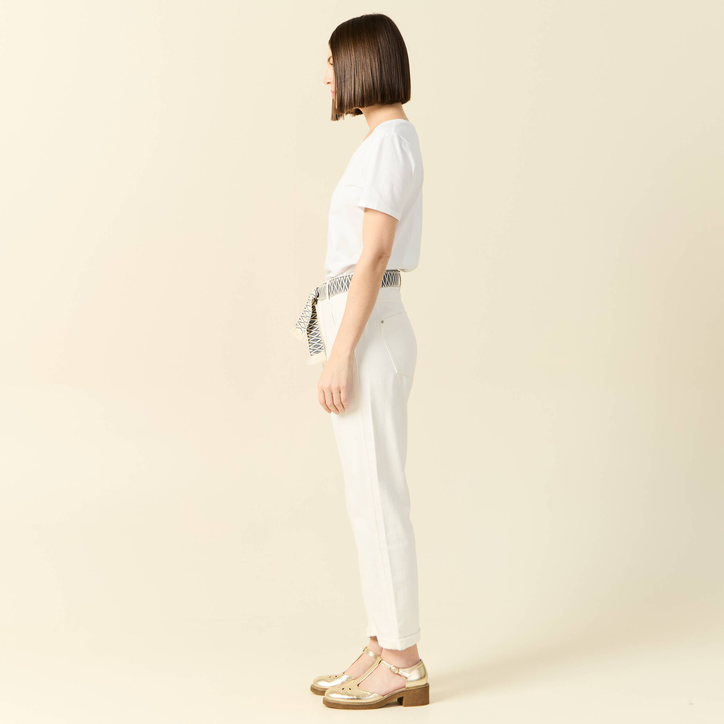 jeans boyfriend ceinture denim blanc femme Jeans boyfriend ceinturé denim blanc femme