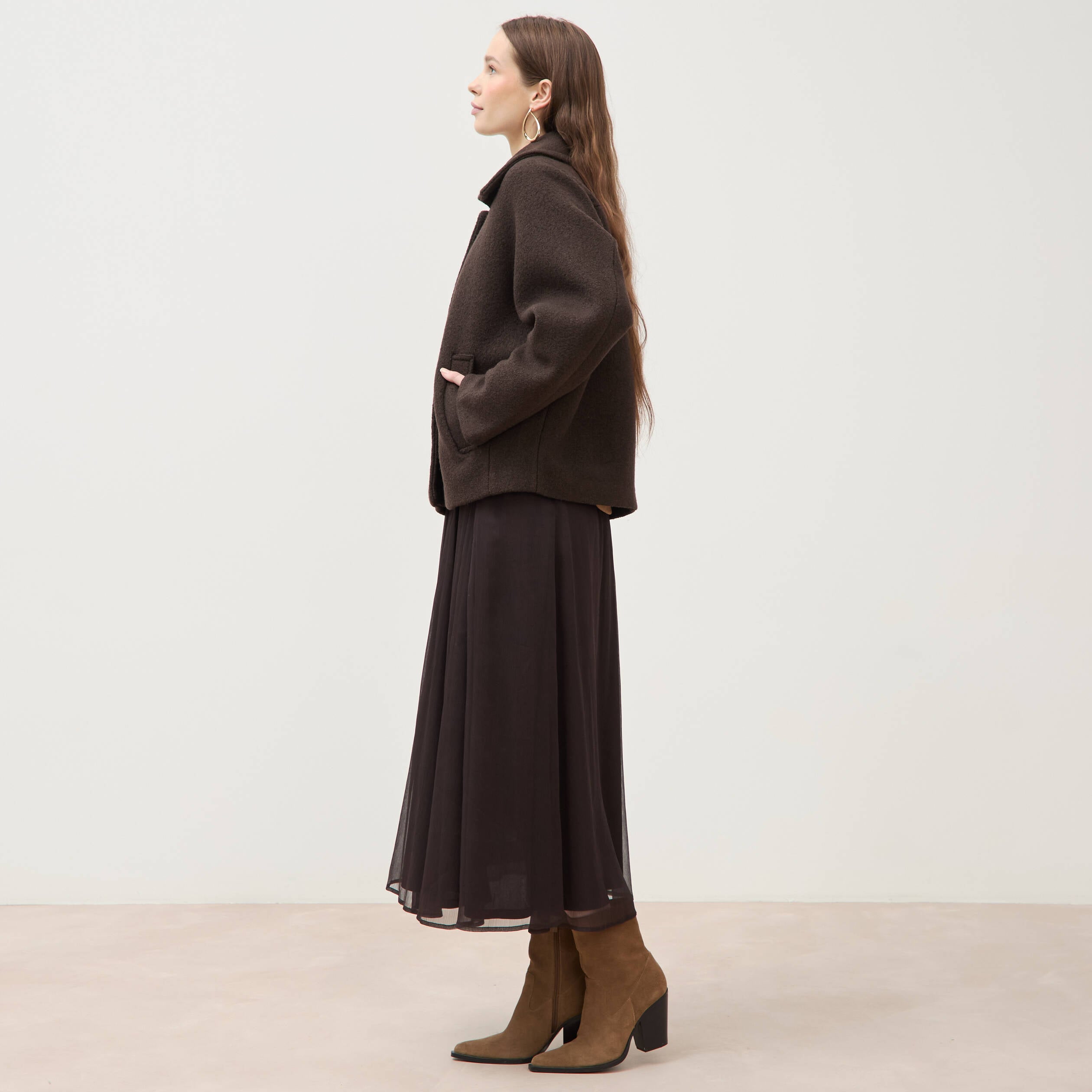 Manteau oversize court col tailleur marron fonc&eacute; femme