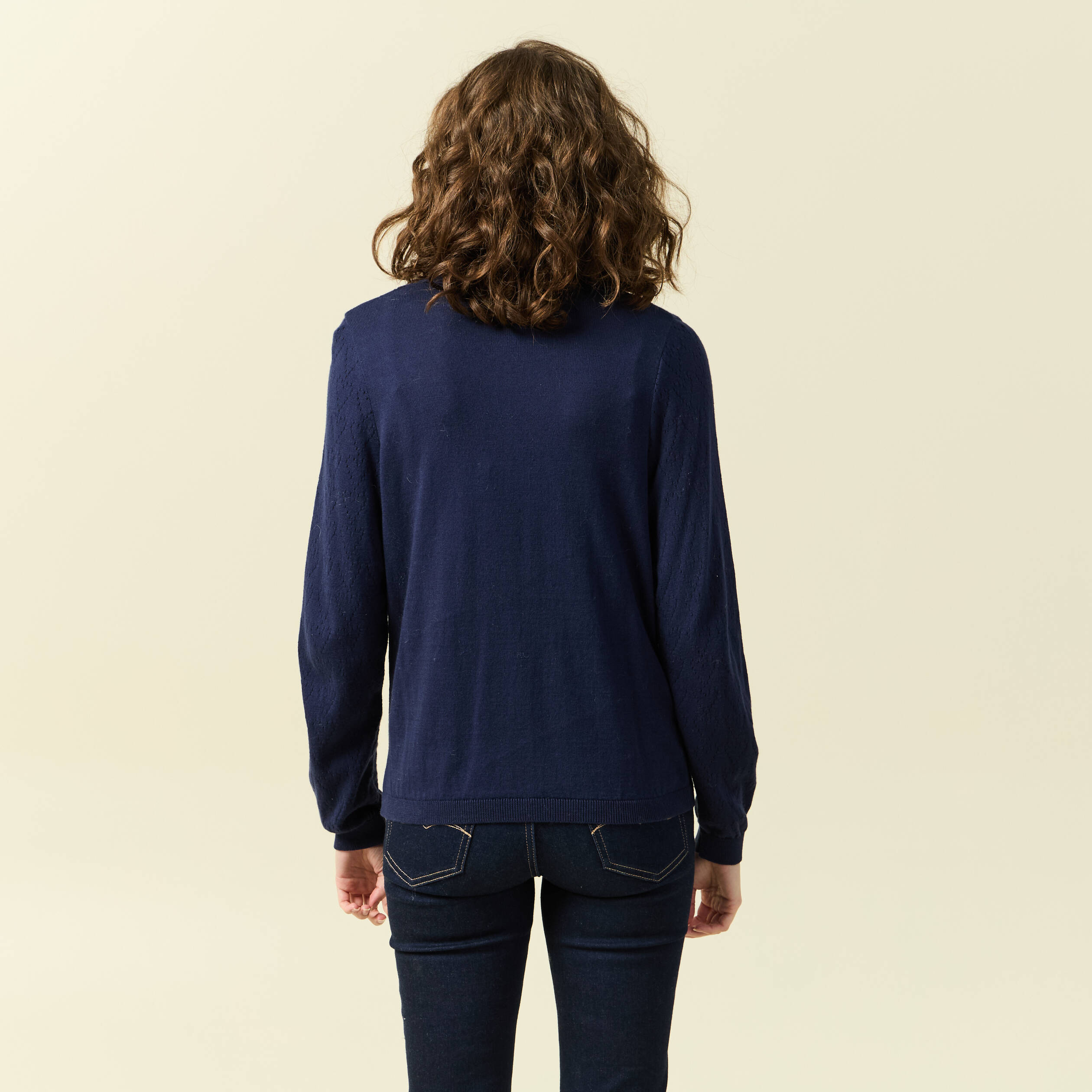 Pull ajour&eacute; manches longues en coton bleu marine femme