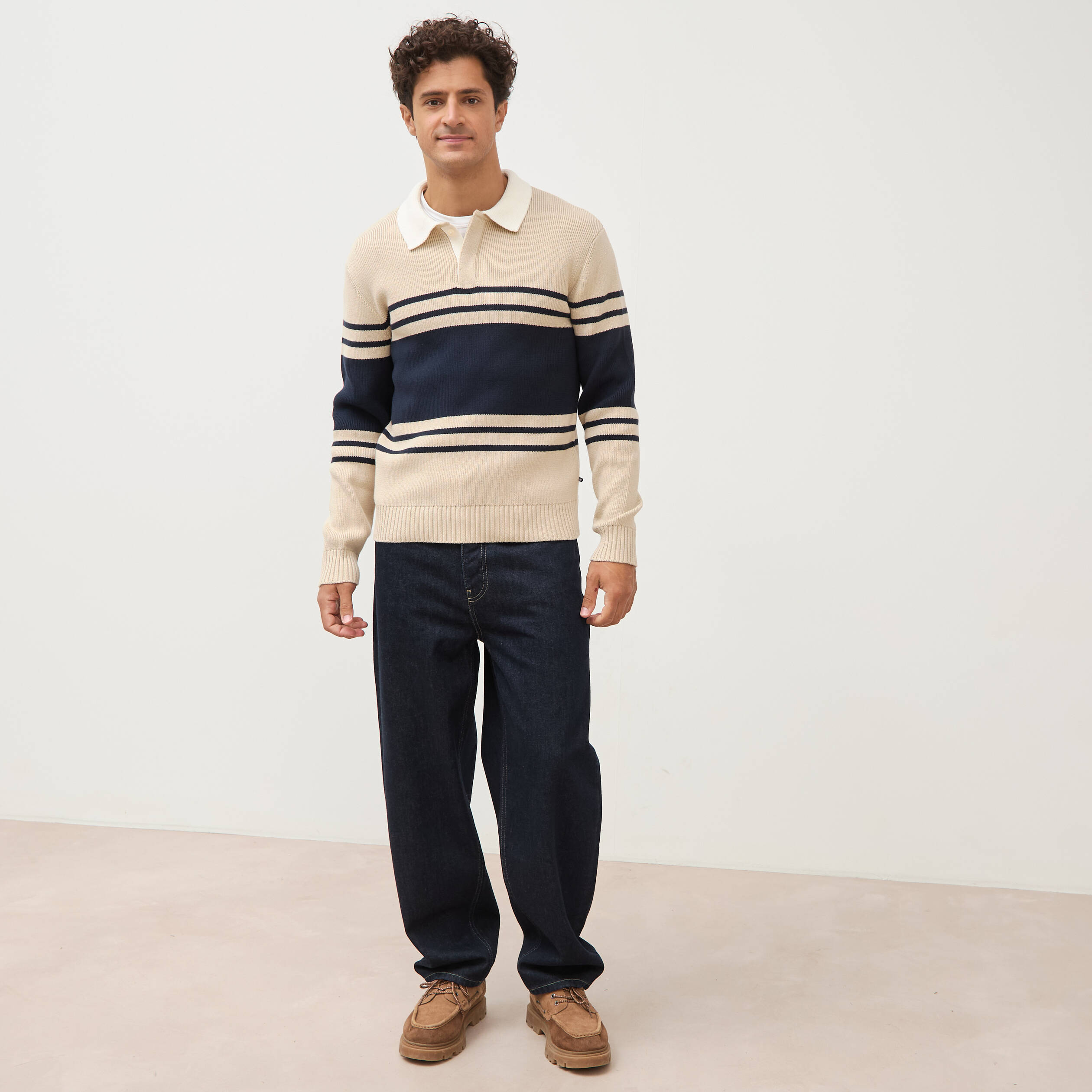 Pull manches longues en coton beige homme