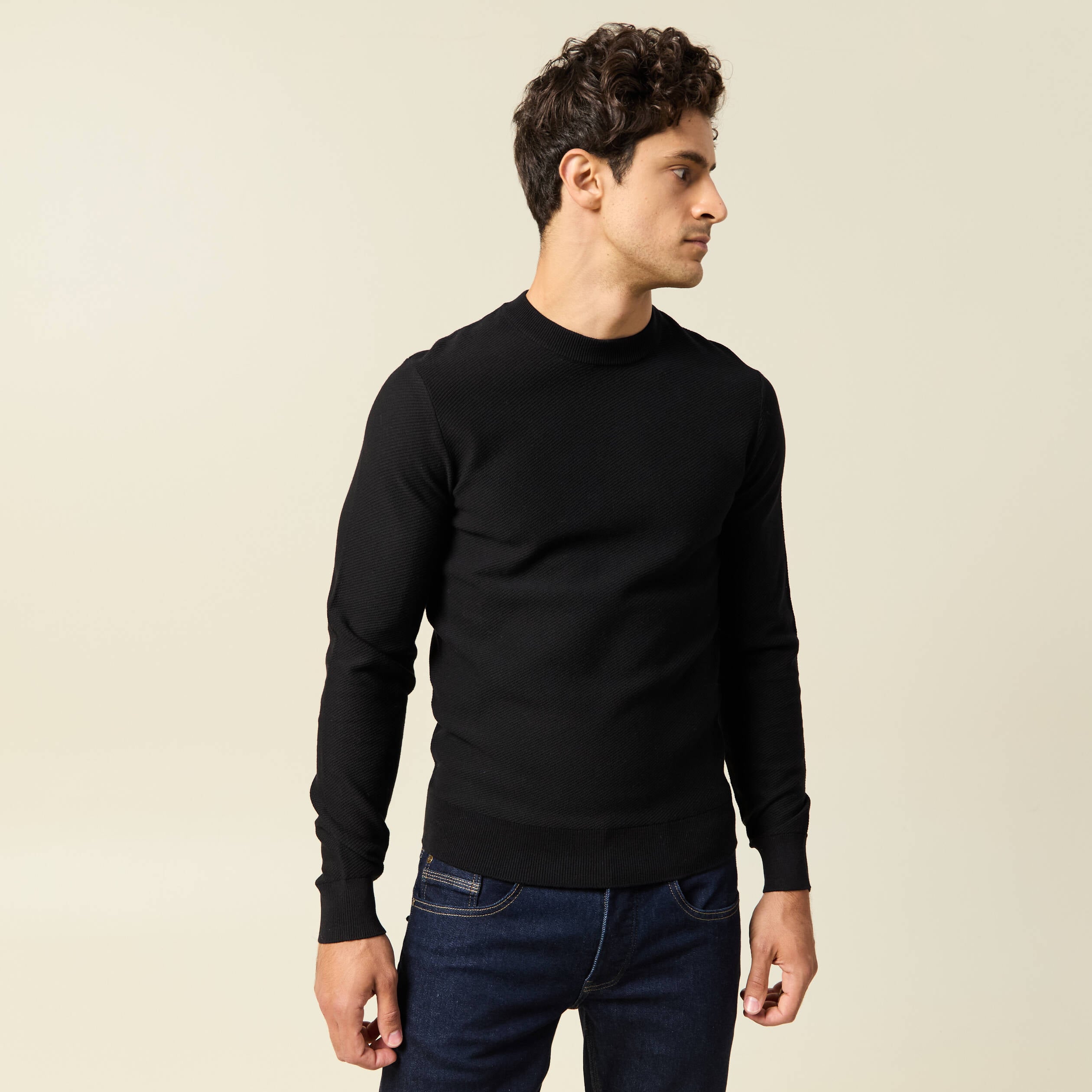 Pull col rond manches longues noir homme