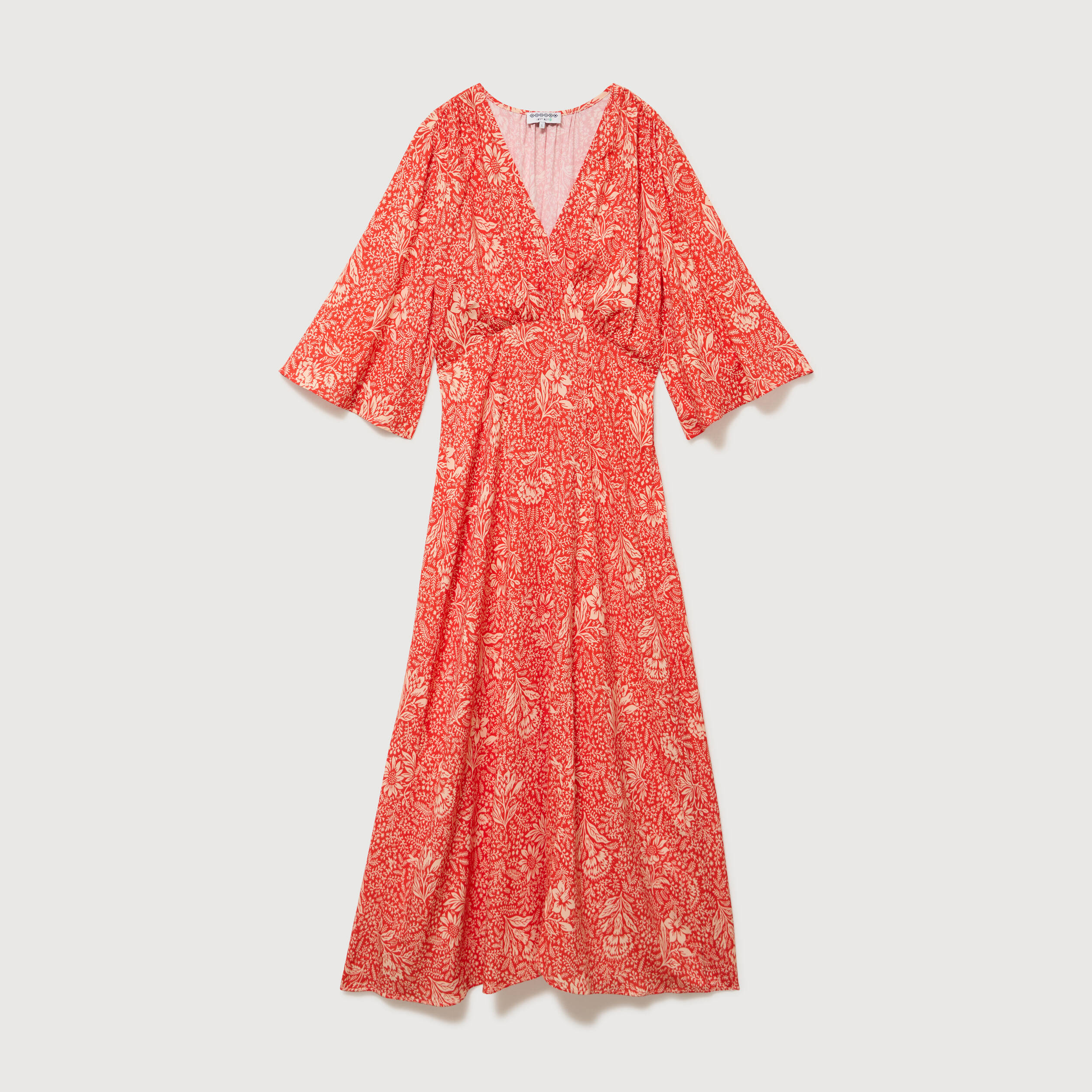 Robe col v manches longues rouge corail femme