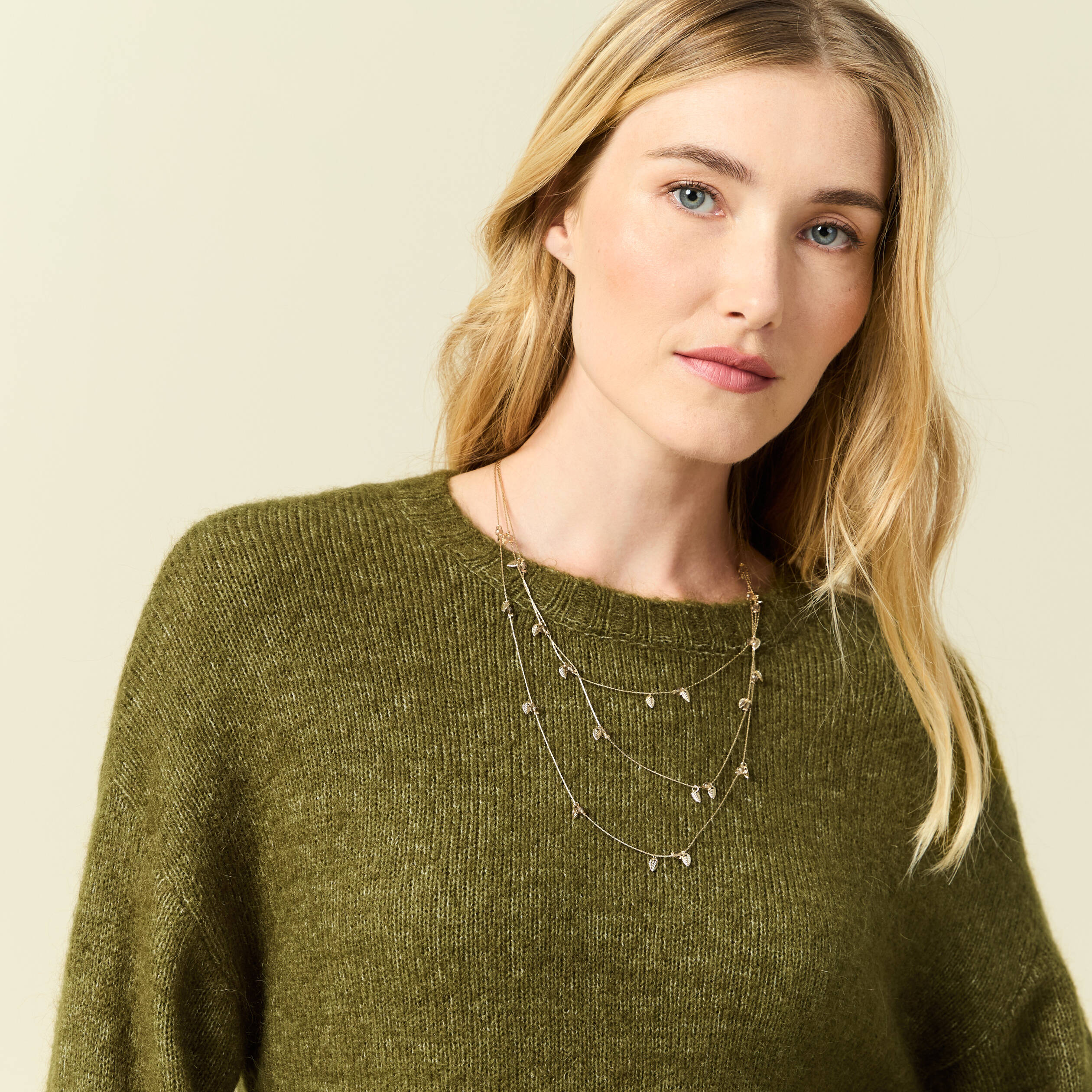 Pull col rond manches longues vert kaki femme