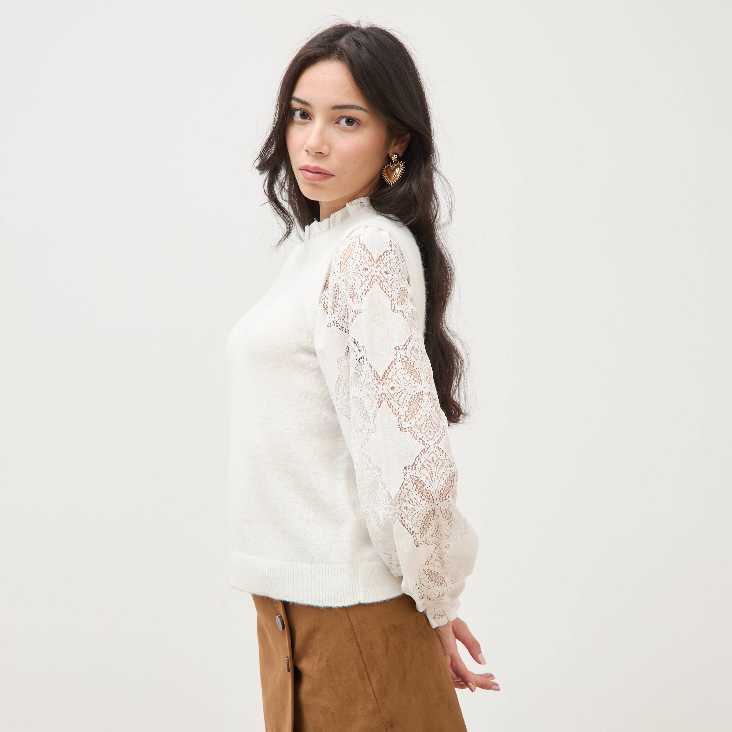 Pull droit col montant manches longues ecru femme