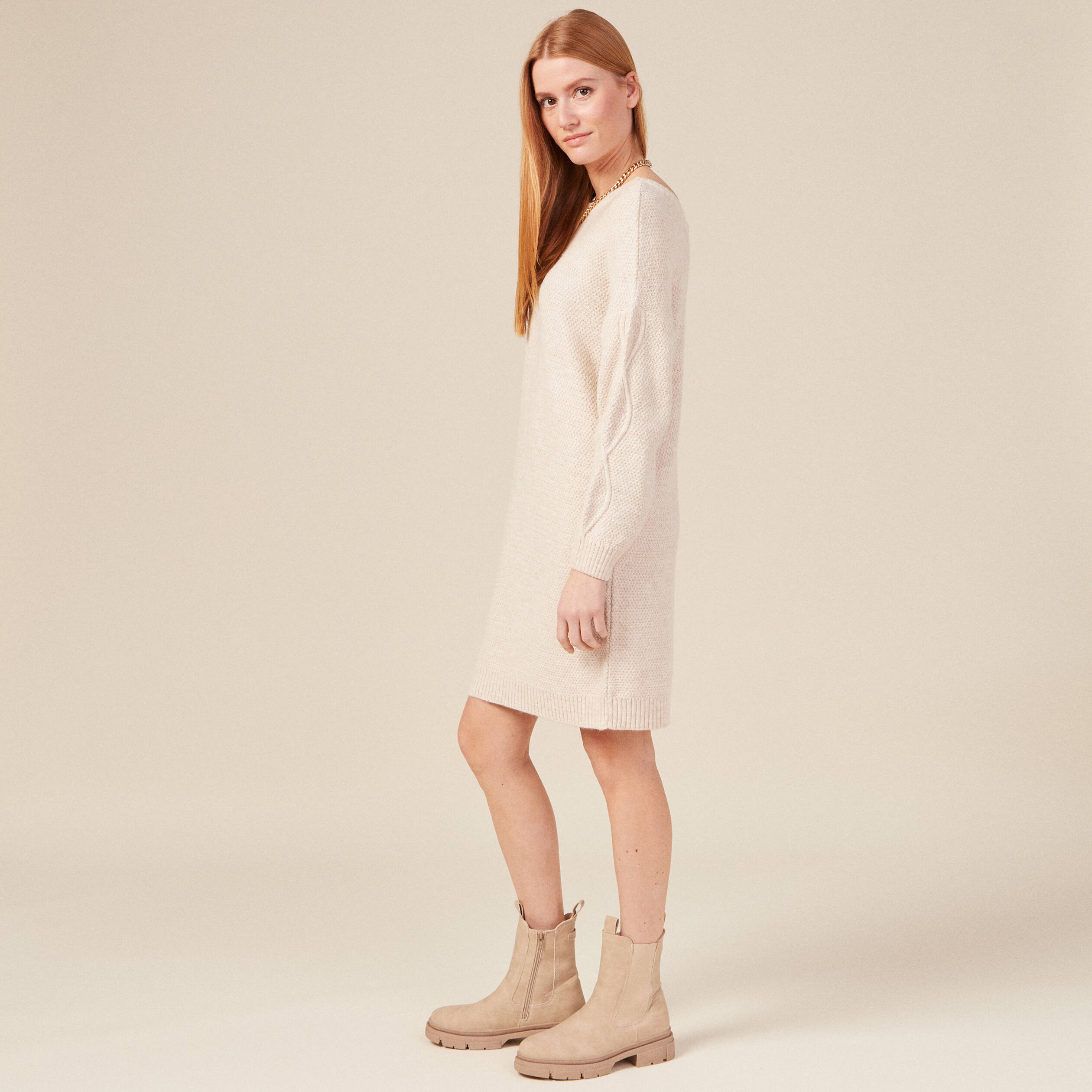 robe pull droite torsades creme femme Robe pull droite torsades creme femme