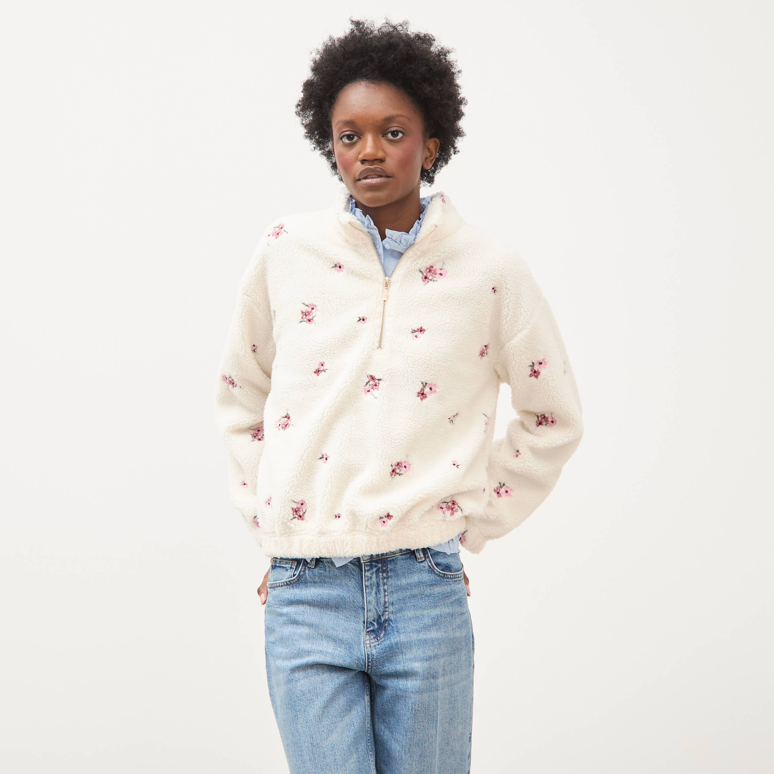 Sweat bouclette sherpa col montant ivoire femme