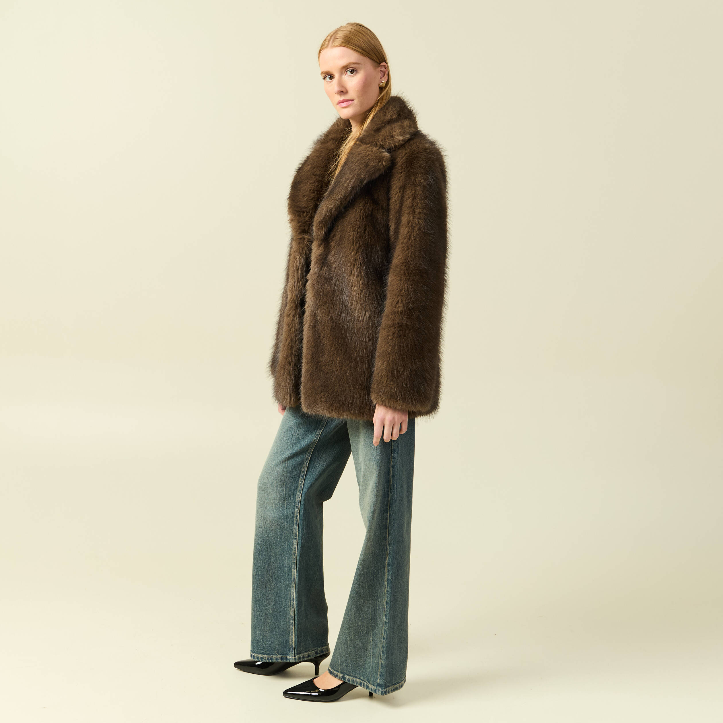 Manteau manches longues doubl&eacute; marron femme