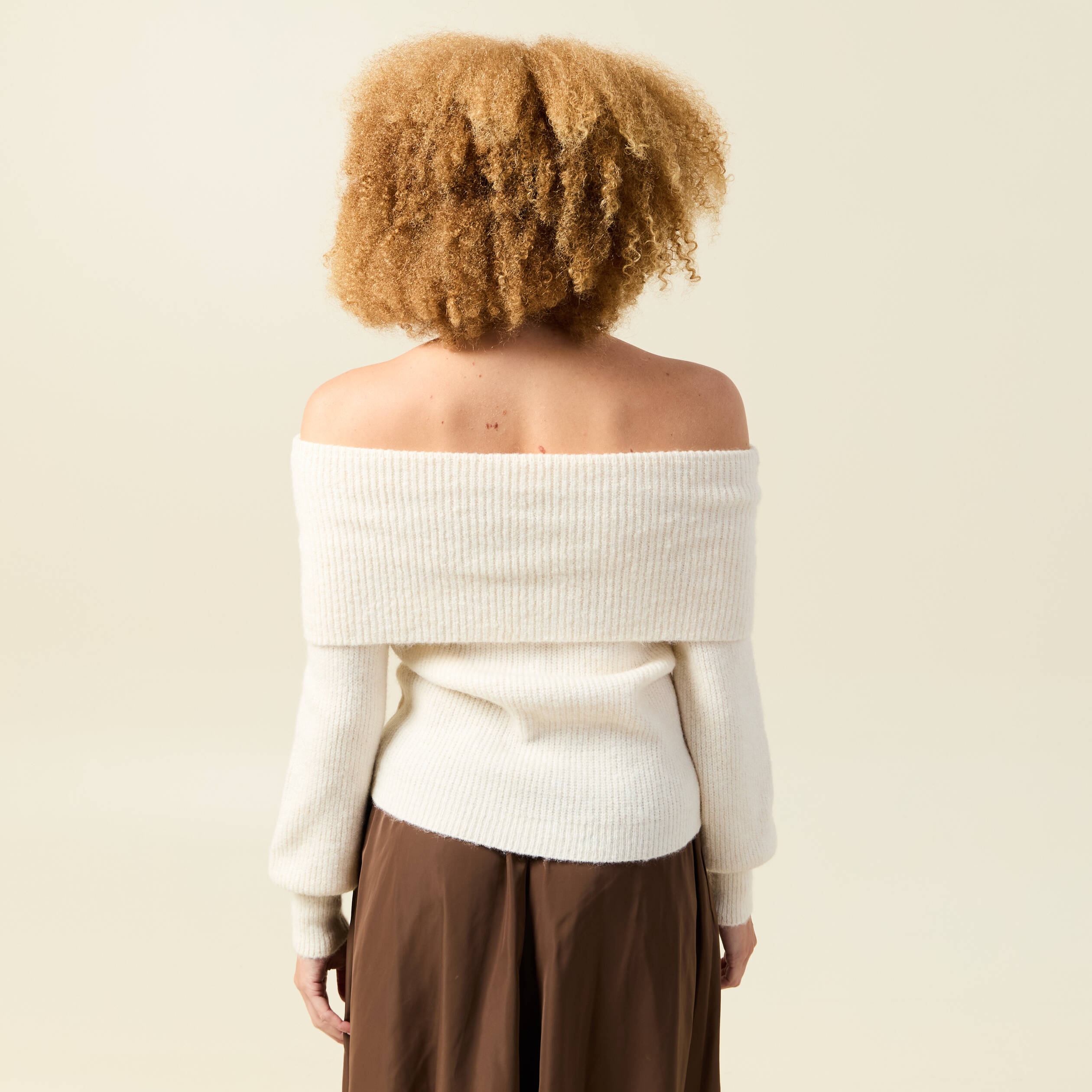 Pull manches longues col bardot ecru femme