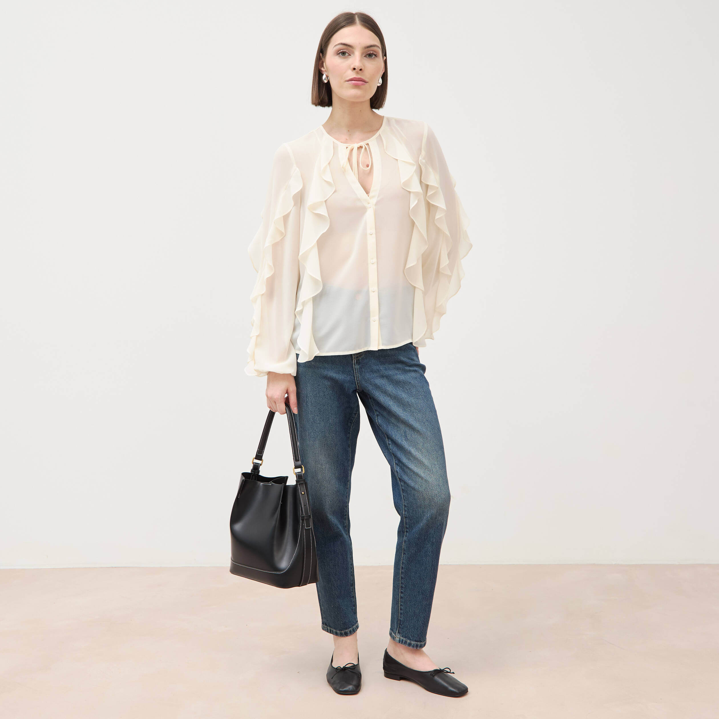 Chemise manches longues col rond ivoire femme