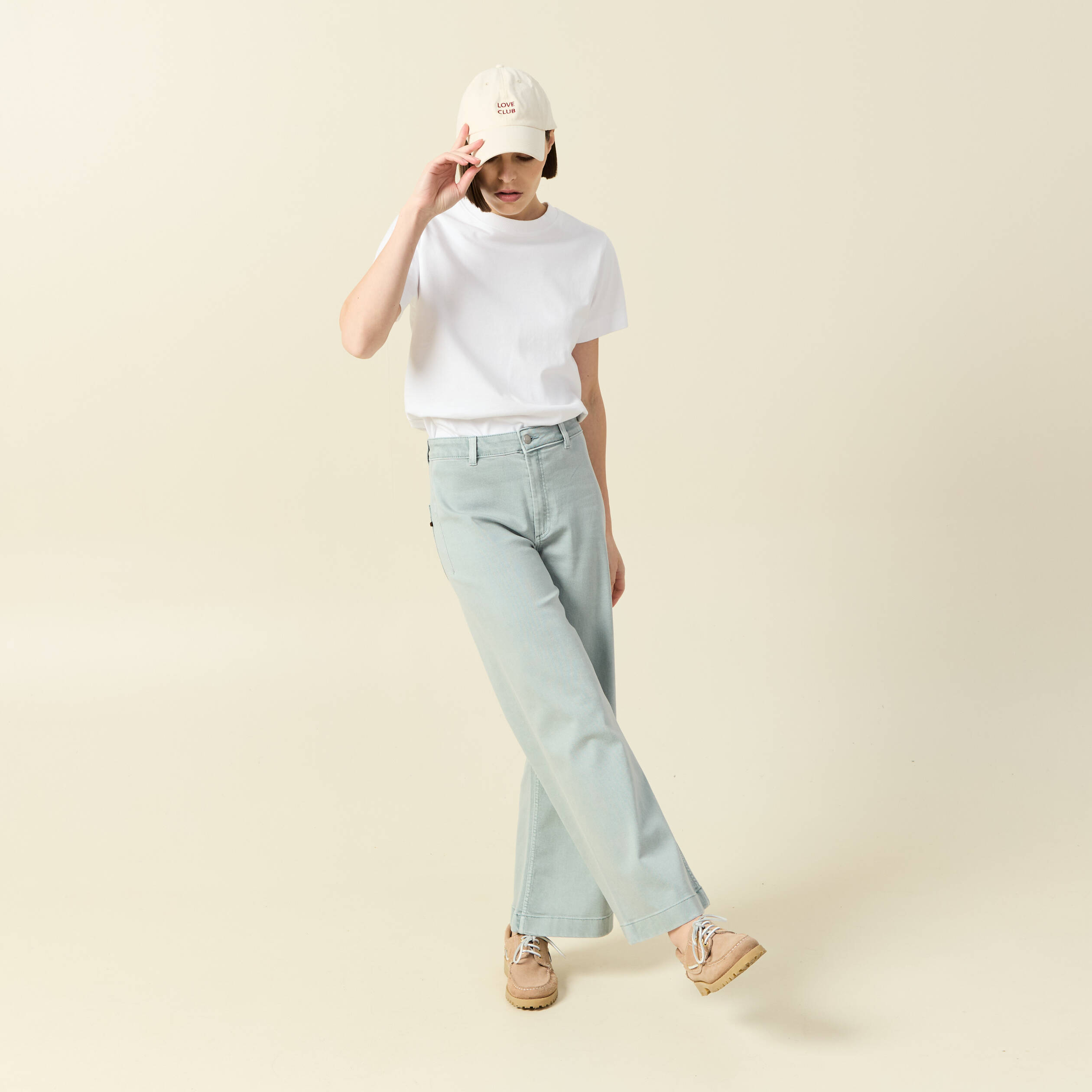 Jeans large cropped taille haute bleu gris femme