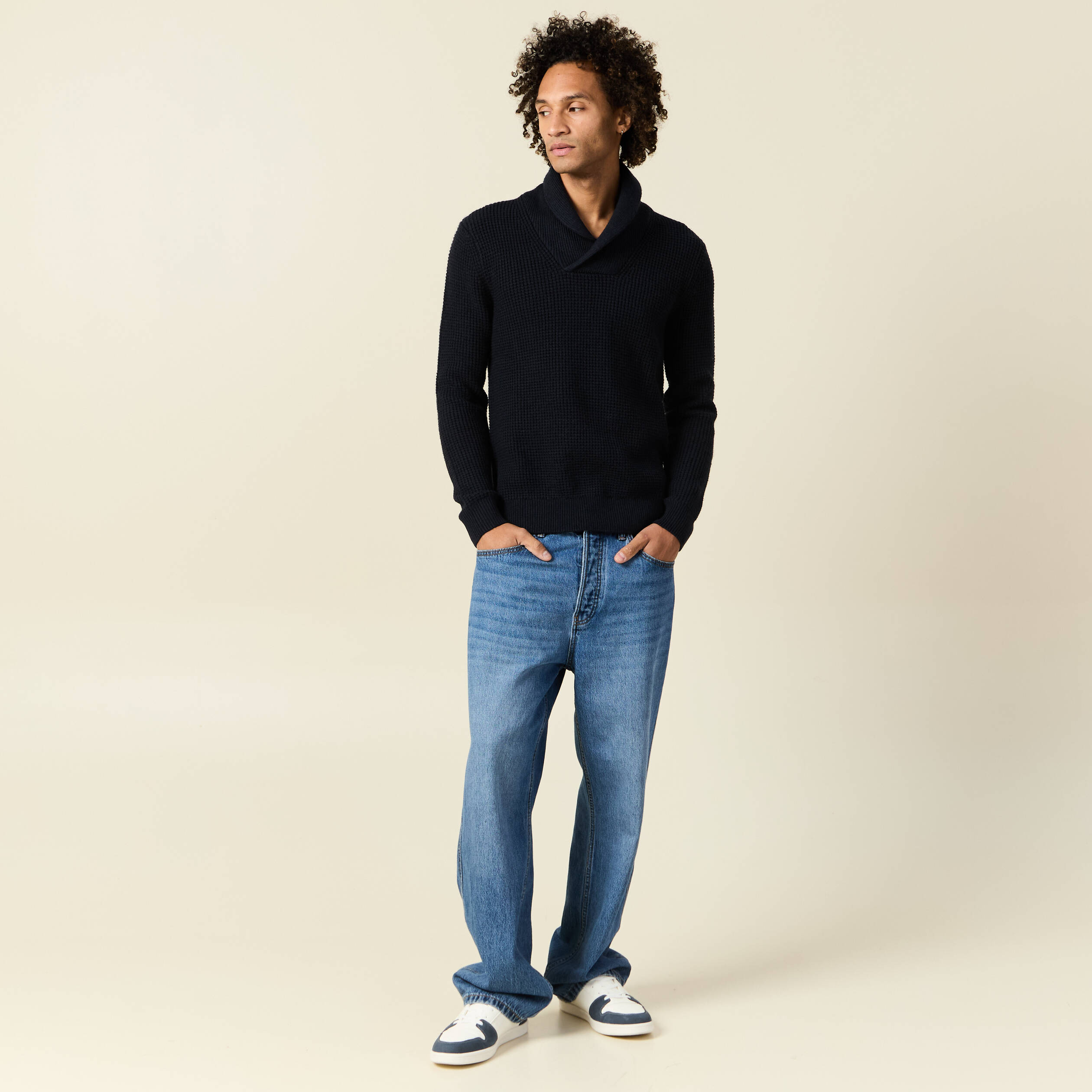 pull manches longues col chale bleu marine homme Pull manches longues col châle bleu marine homme