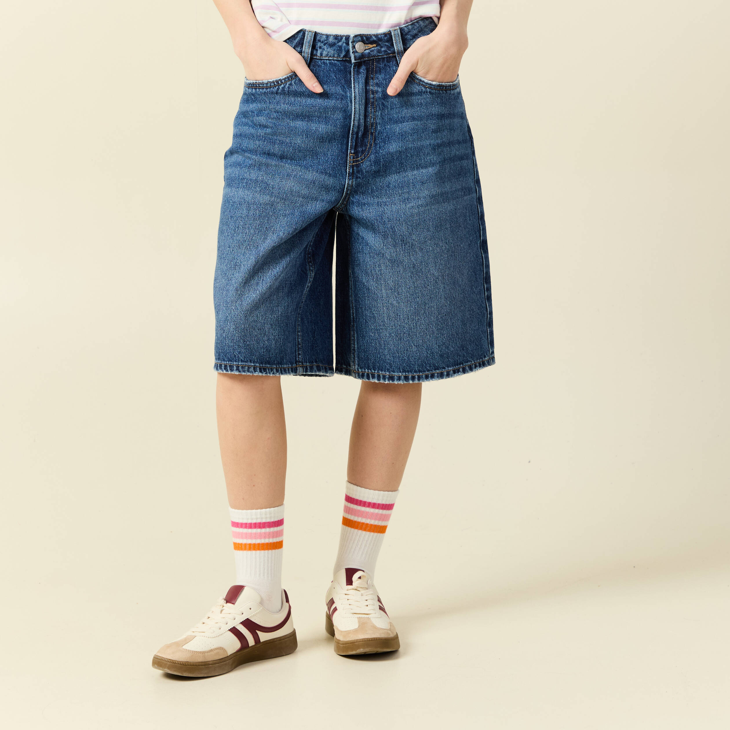 Bermuda large taille haute en coton denim stone femme