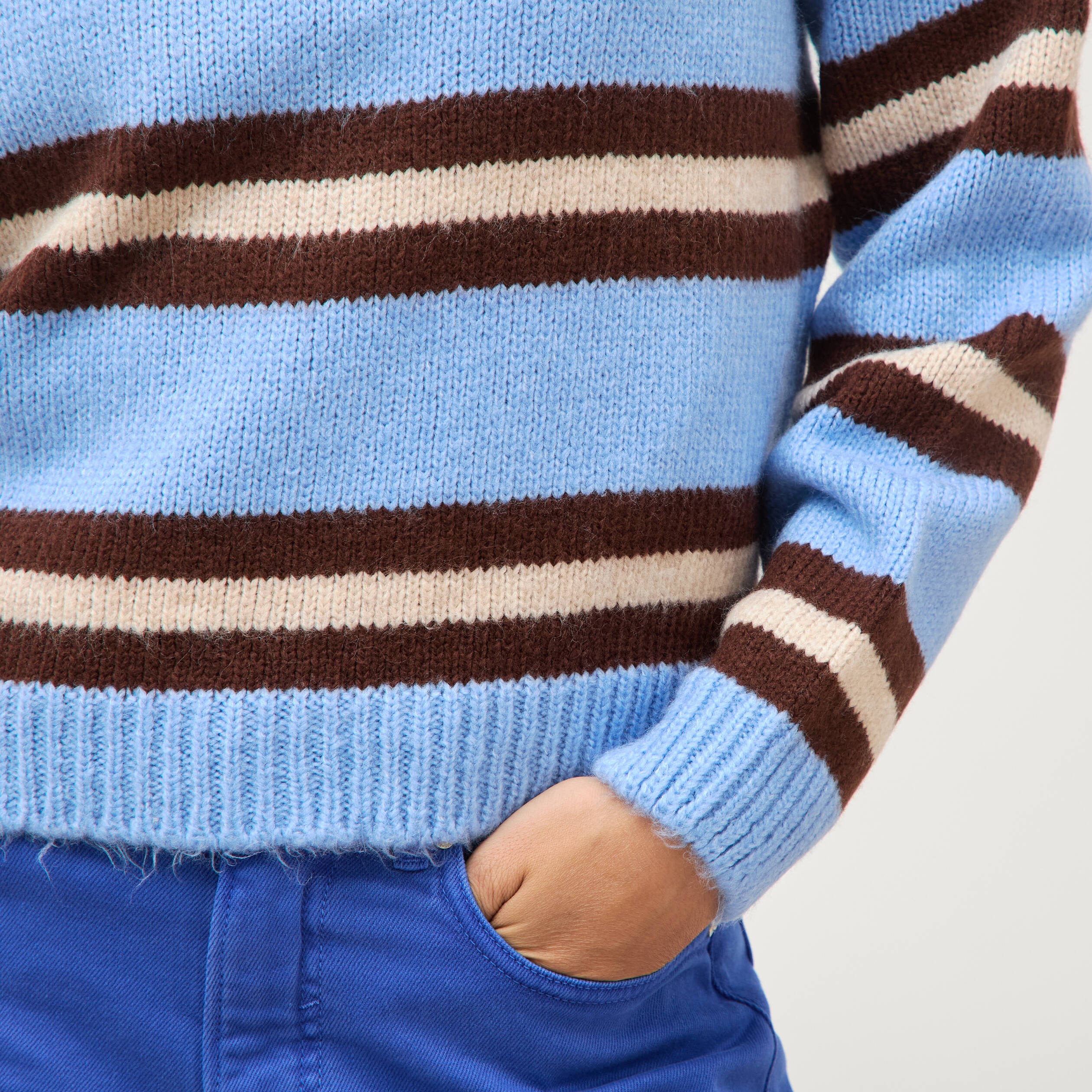 Pull droit manches longues col rond bleu femme